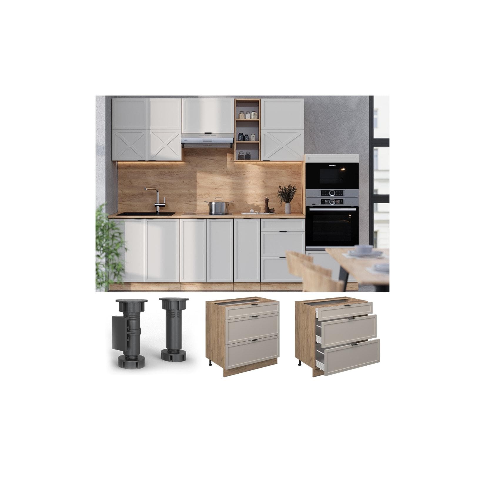 Vicco Schubladenunterschrank Fame-Line Eiche Grau-Beige mit Marmor-Arbeitsplatte