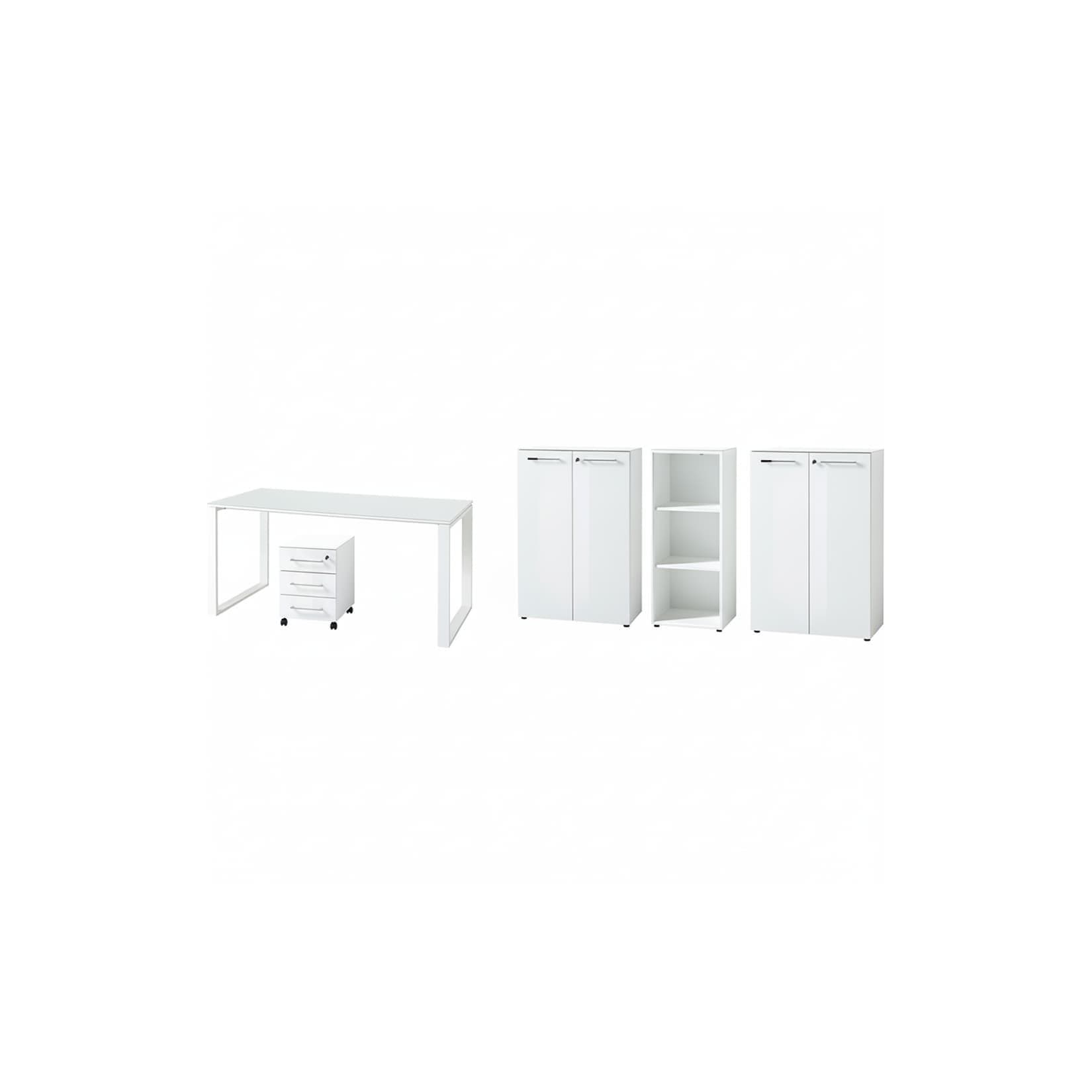 Kadima Design Büromöbel Set 5-teilig Komplettbüro Weiß Schreibtisch Container 2 Schränke Regal Glasfront Soft-Close Abschließbar Made in Germany