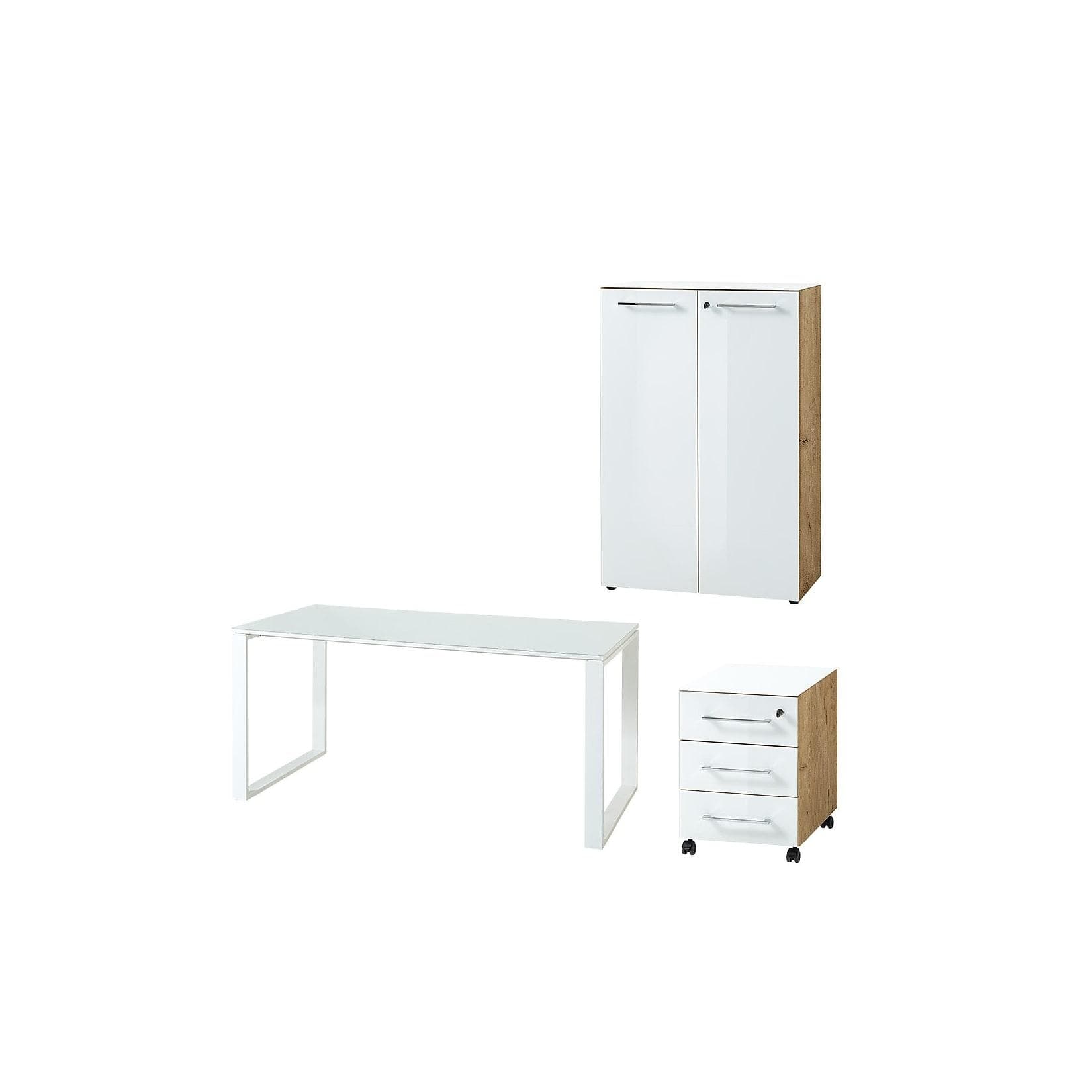 Büro-Set MUENCHEN Schreibtisch Aktenschrank Container Glasplatte Soft-Close Abschließbar Chalet-Eiche-Nb./Weiß Made in Germany Kadima Design