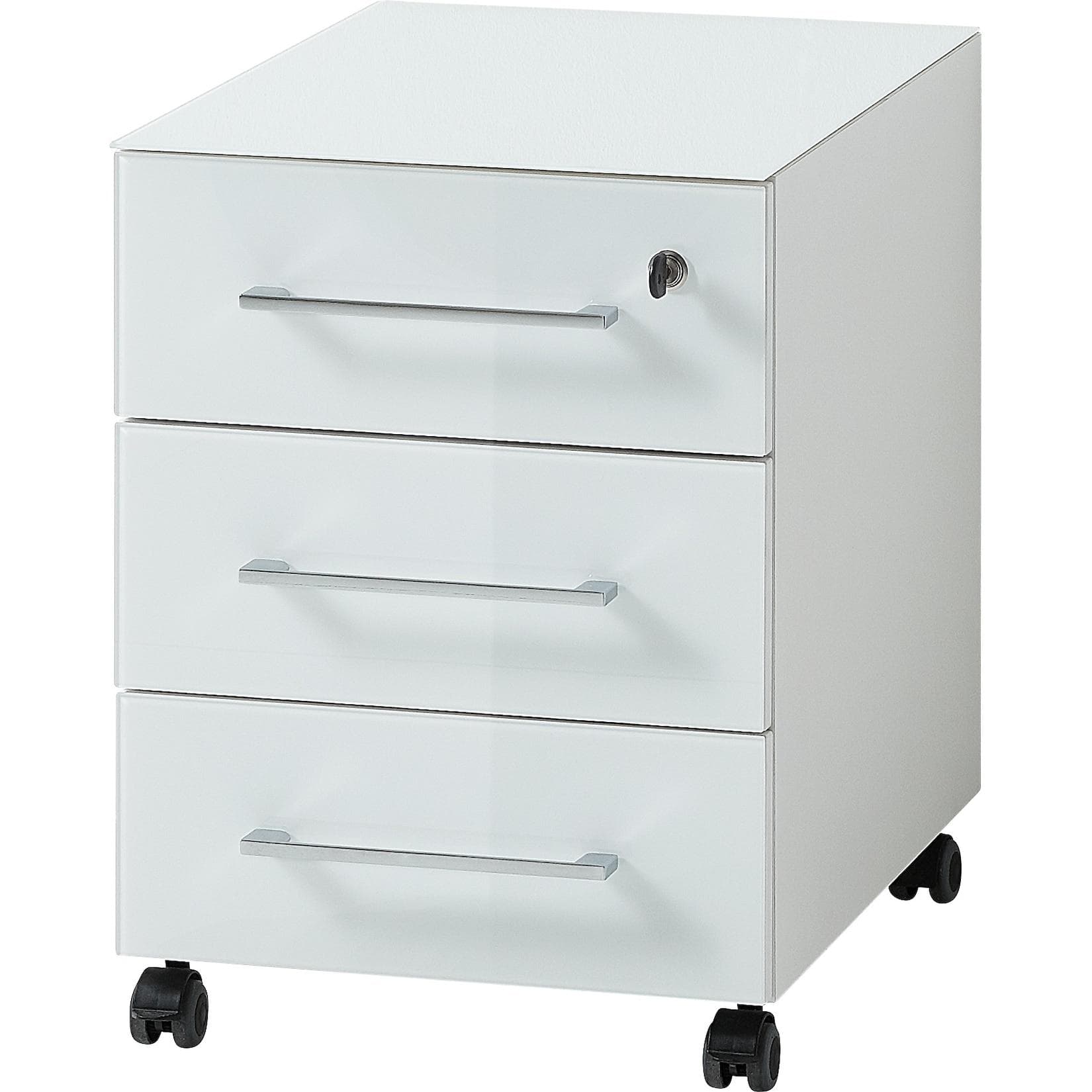 Kadima Design Rollcontainer Weiß 3 Schubladen Soft-Close Glasfront