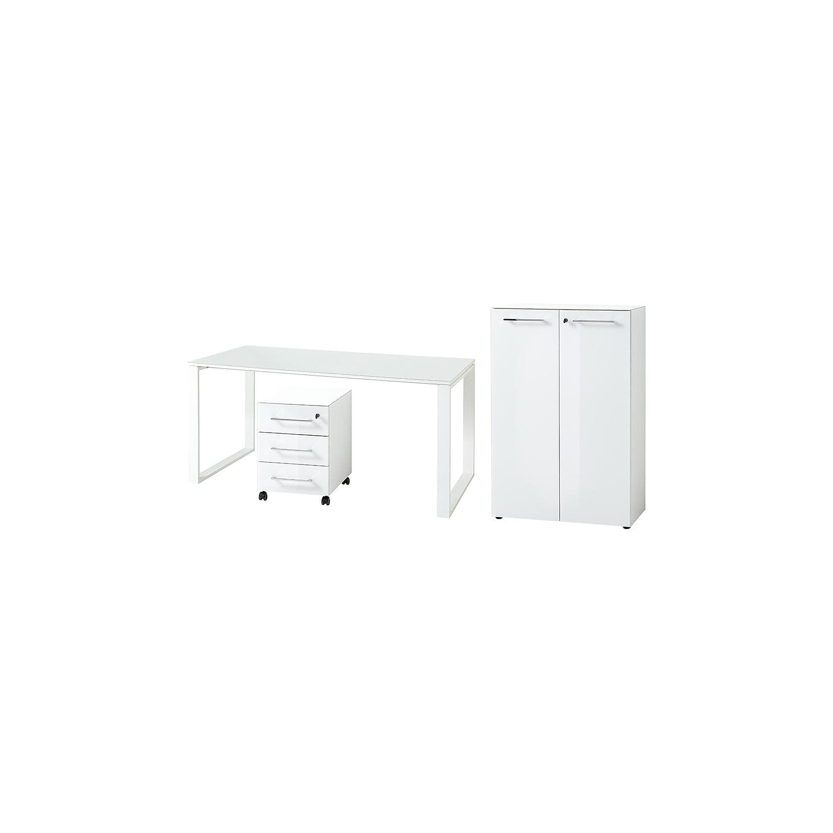 Büro-Set 3-tlg Komplett MUENCHEN Weiß Schreibtisch & Aktenschrank & Container Glasplatte Soft-Close Abschließbar Made in Germany Kadima Design