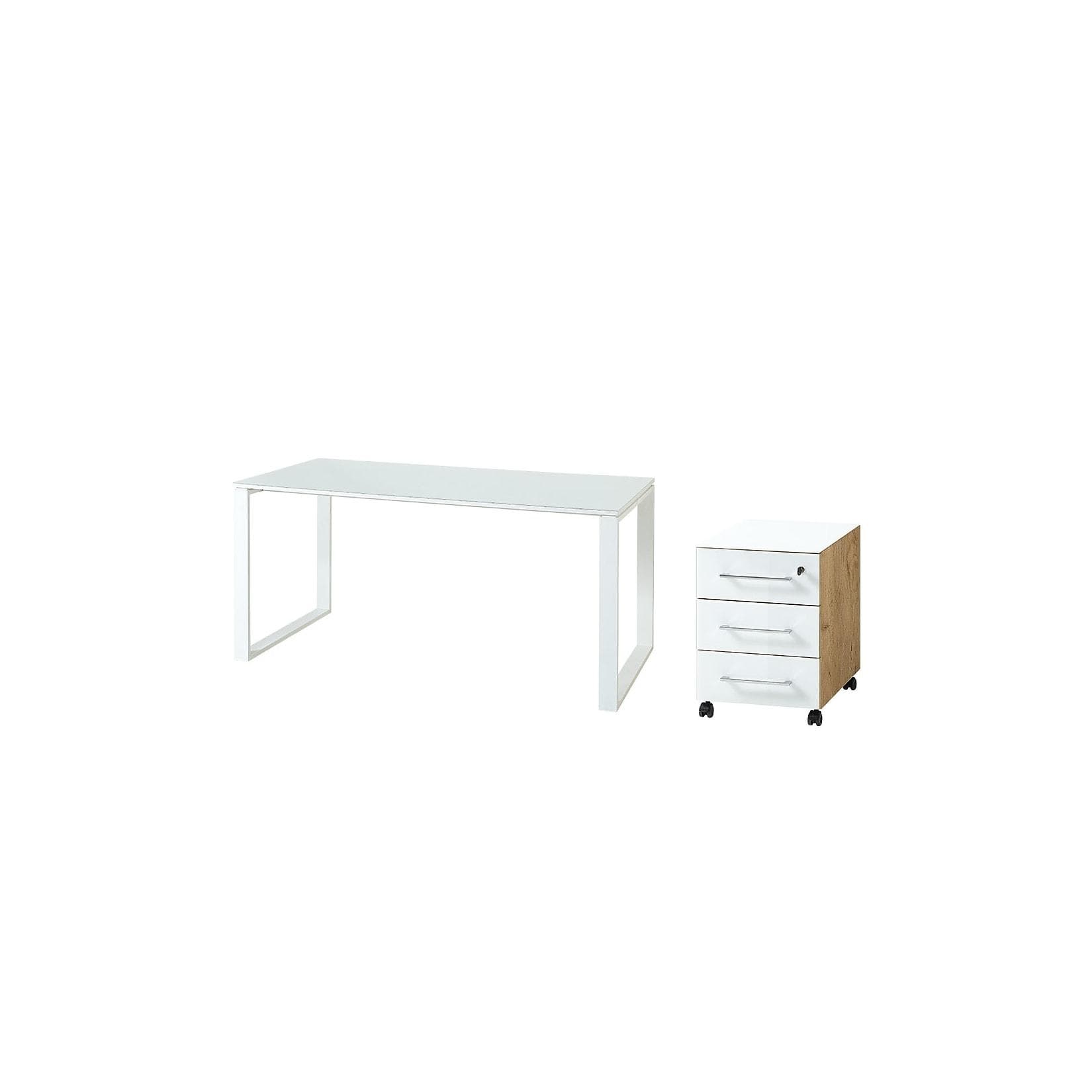 Schreibtisch Set MUENCHEN 160x80cm Tisch & Container Glasplatte Soft-Close Abschließbar Chalet-Eiche-Nb./Weiß Kadima Design