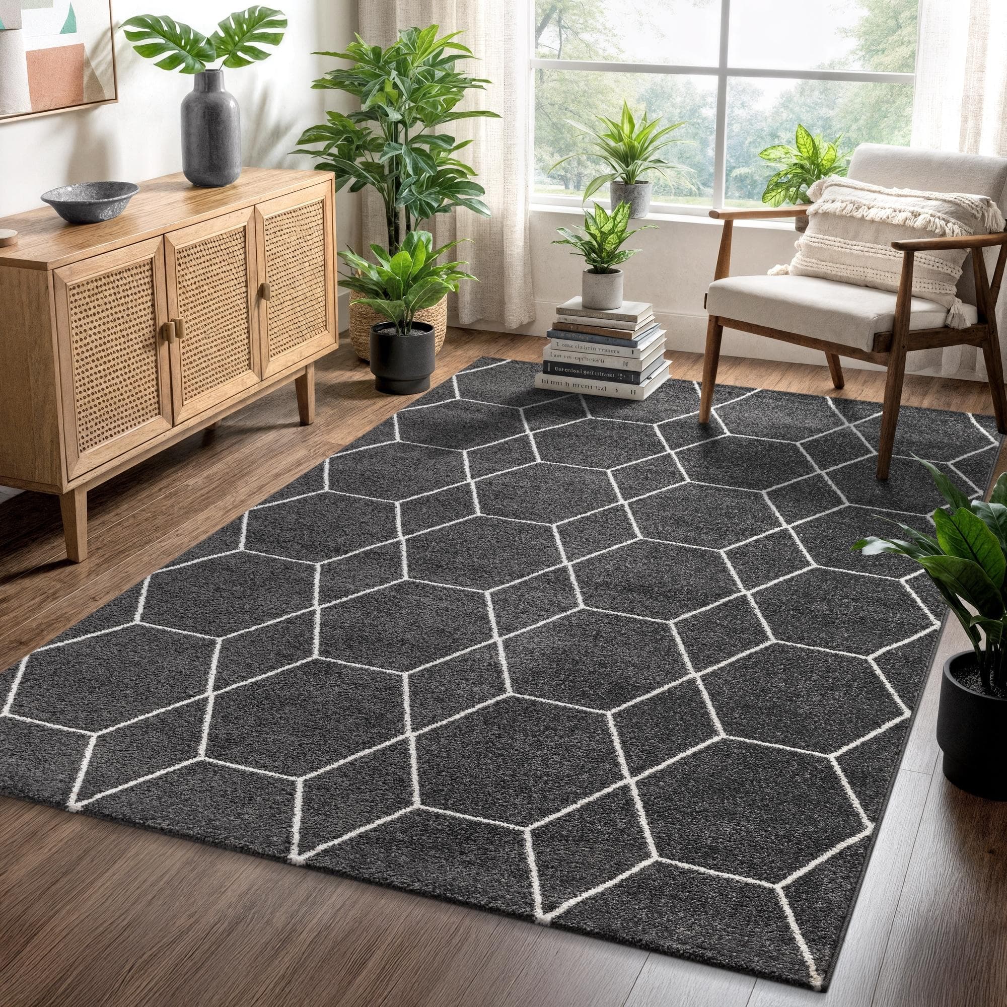 Teppich SANAT "Trellis" Dunkelgrau Kurzflor