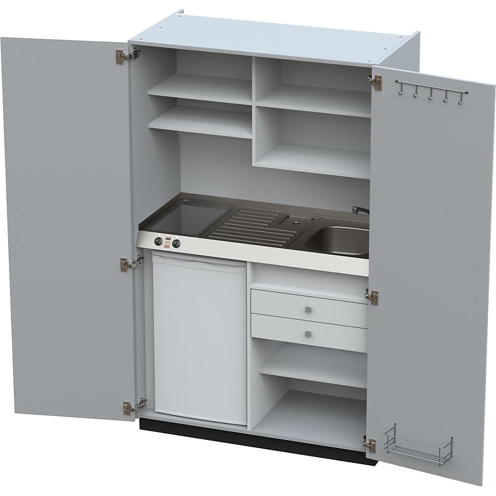 Kaiserkraft Schrankküche grau mit 2 Glaskeramikkochfeldern und Kühlschrank