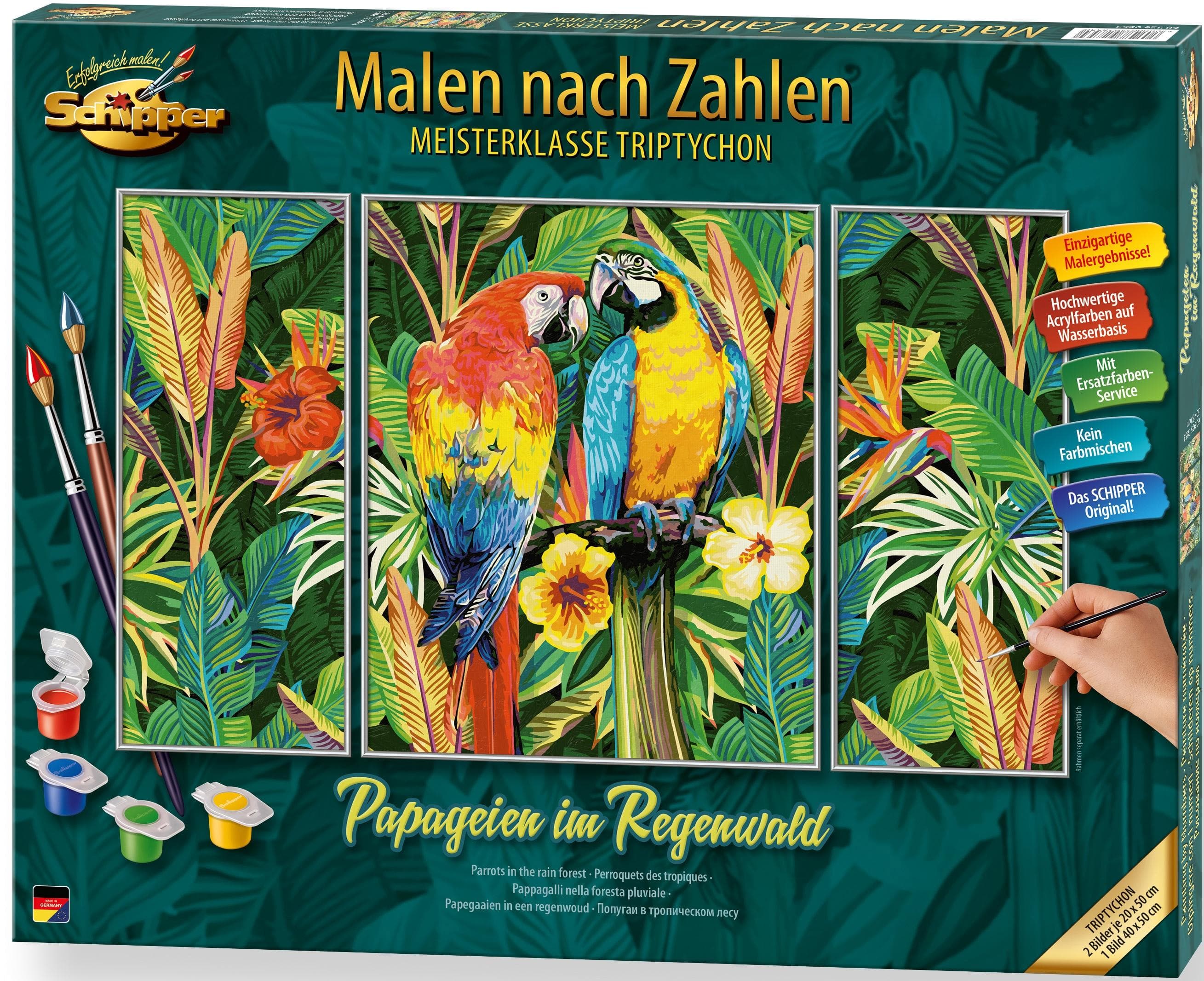 Schipper Malen nach Zahlen Meisterklasse Triptychon Papageien im Regenwald