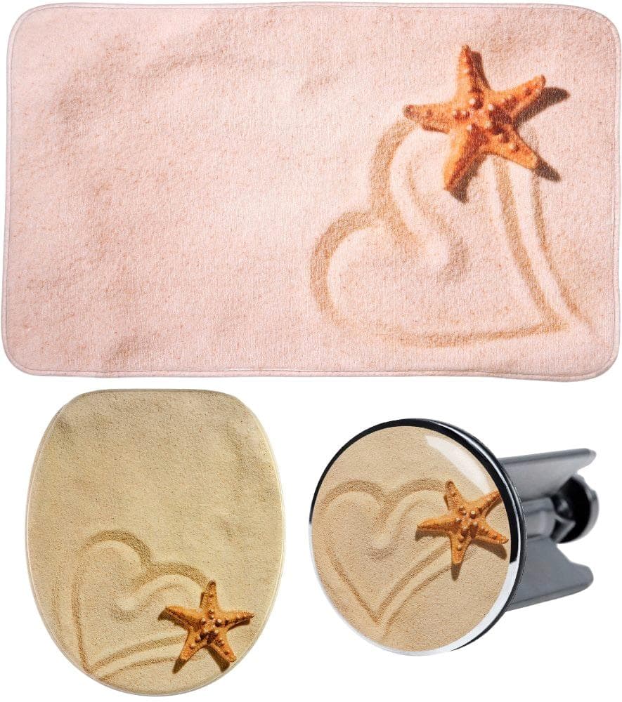 Badaccessoire-Set SANILO Sandy Braun MDF WC-Sitz Badteppich Waschbeckenstöpsel