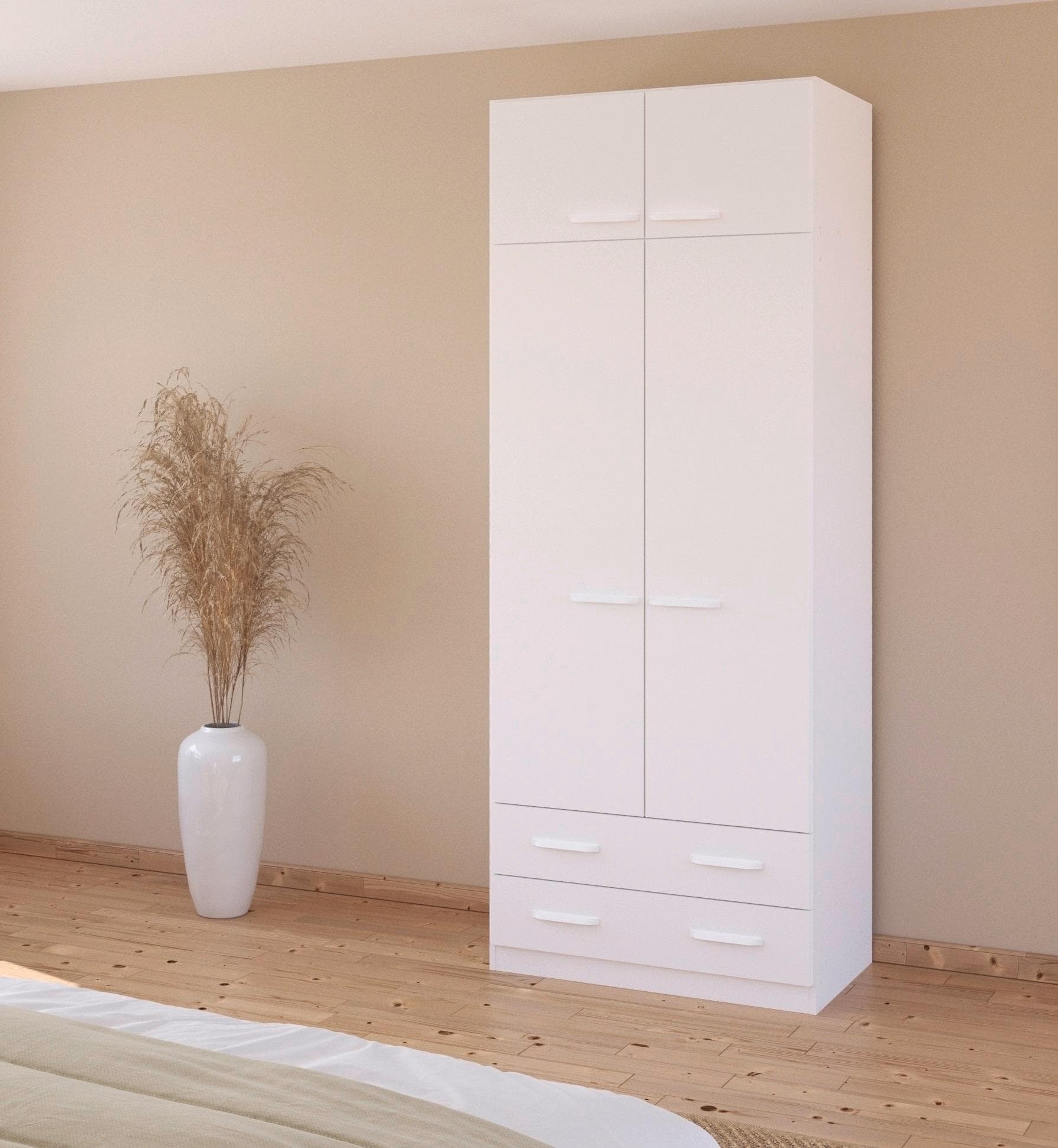 Drehtürenschrank mit Schubladen und Aufsatz, Metallgriffe