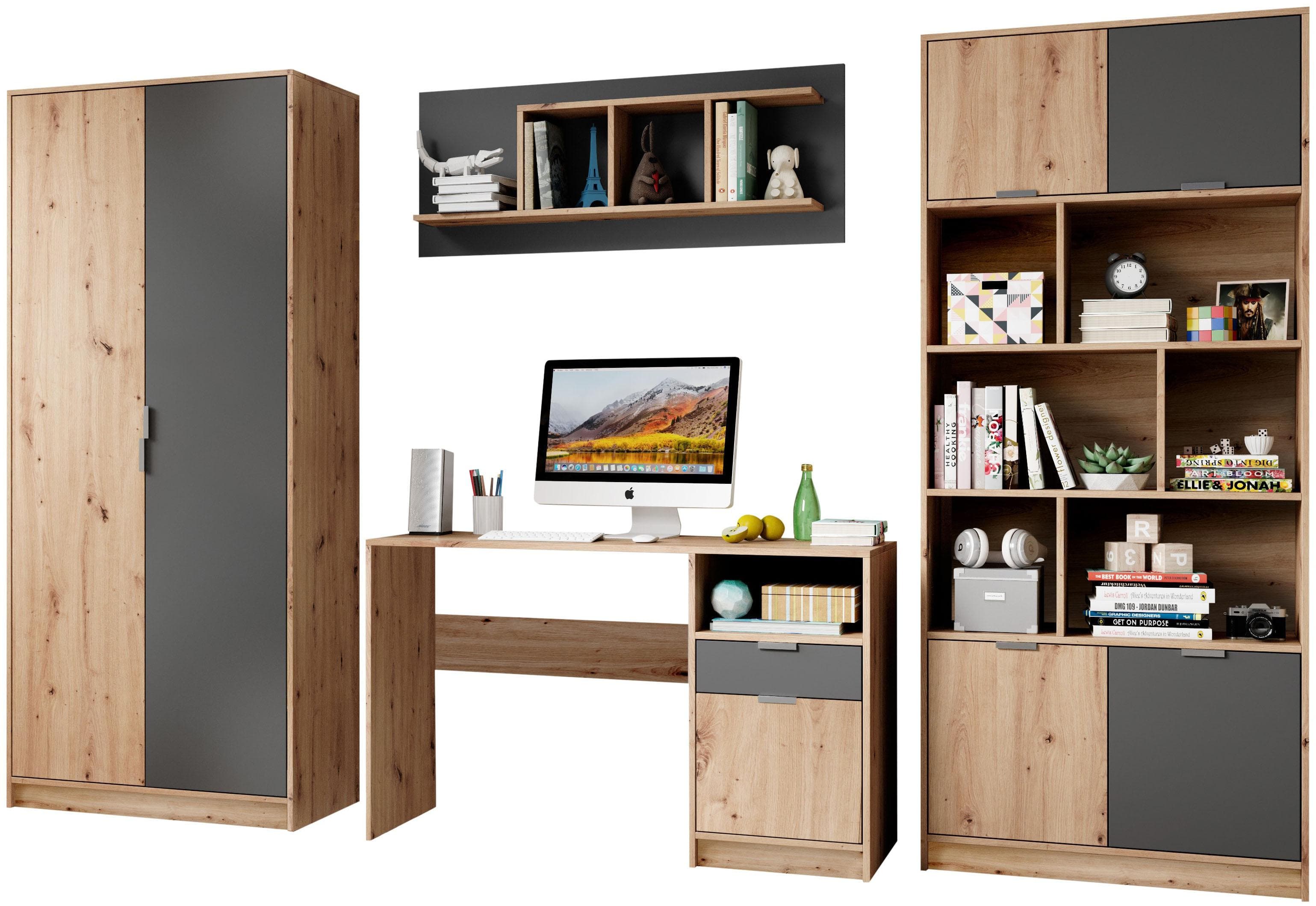 Jugendzimmer-Set: Kleiderschrank, Schreibtisch, Regale - mit Bett optionaler