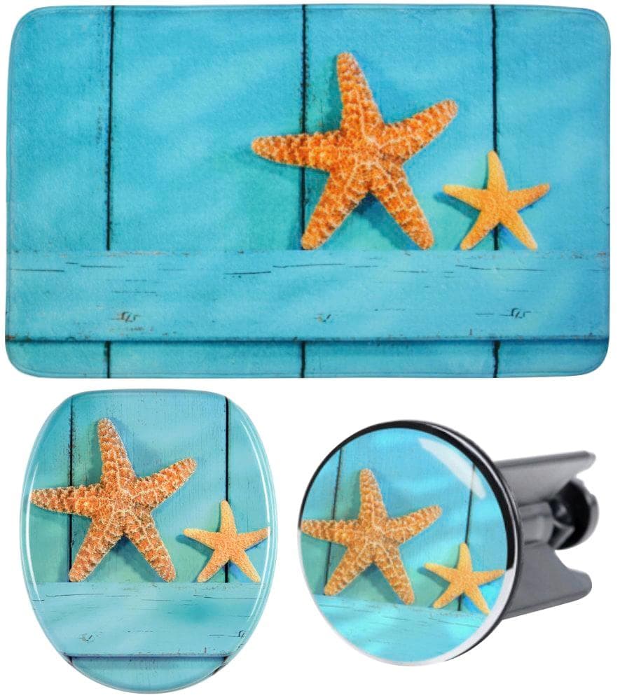 Badaccessoire-Set SANILO Sea Star Orange-Blau WC-Sitz Badteppich Waschbeckenstöpsel