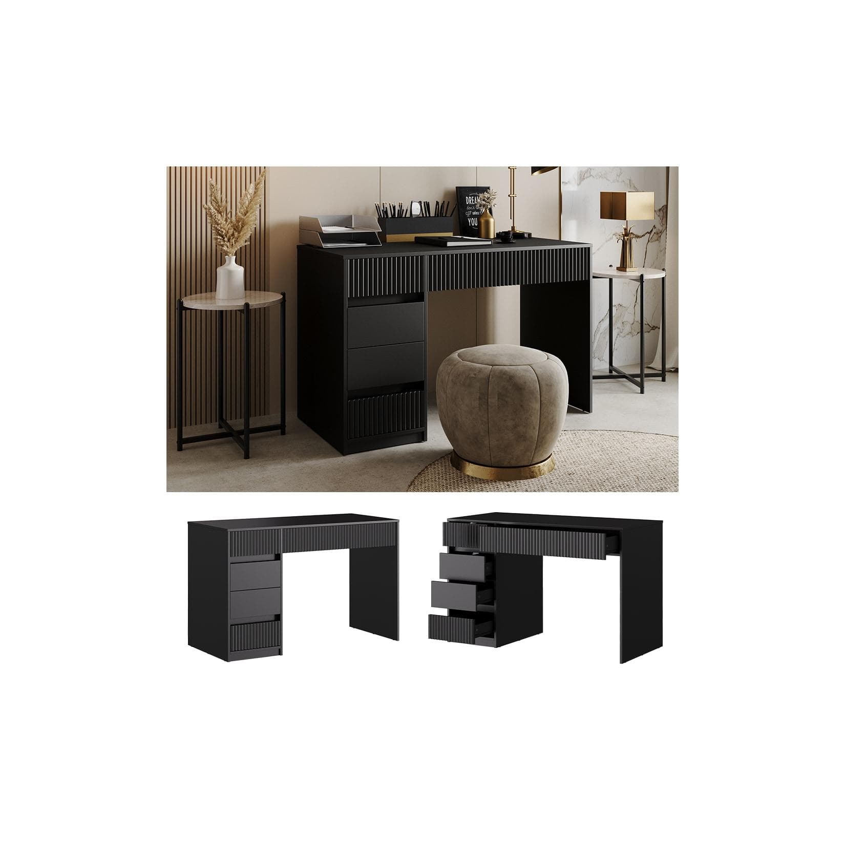 Vicco Schreibtisch Omira Schwarz mit 5 Schubladen