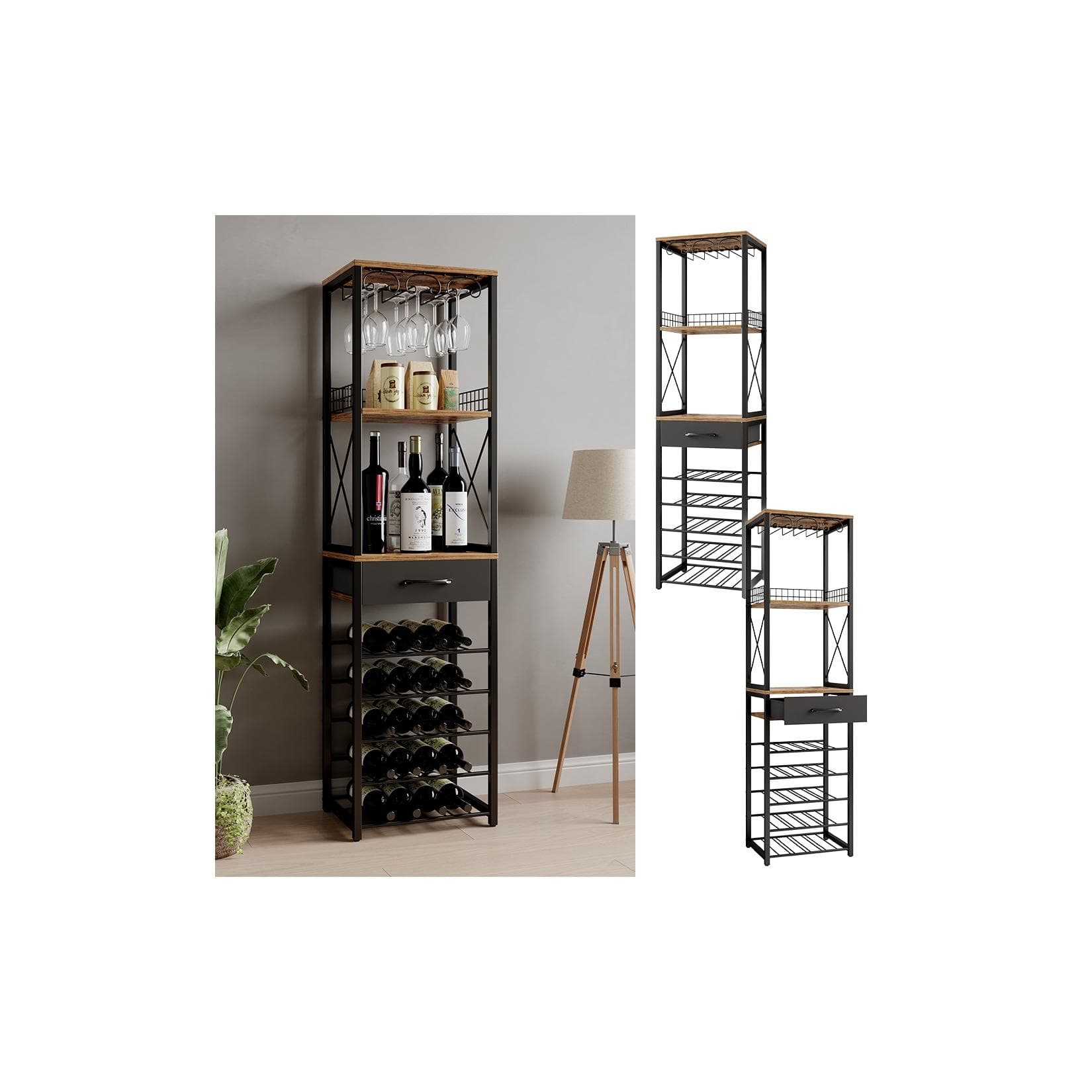 Vicco Weinregal Porto Eiche rustikal Schwarz mit Schublade