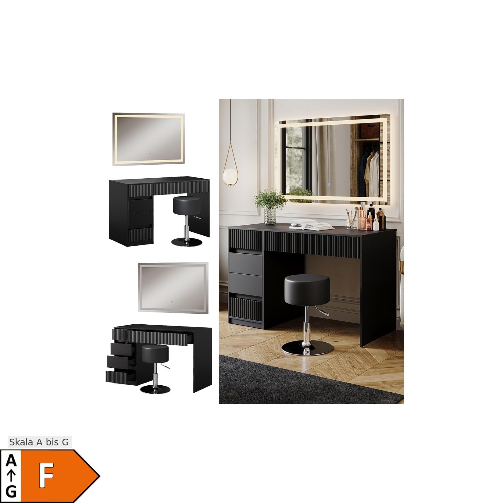 Vicco Schminktisch Omira Schwarz 120 cm mit LED-Spiegel und Hocker