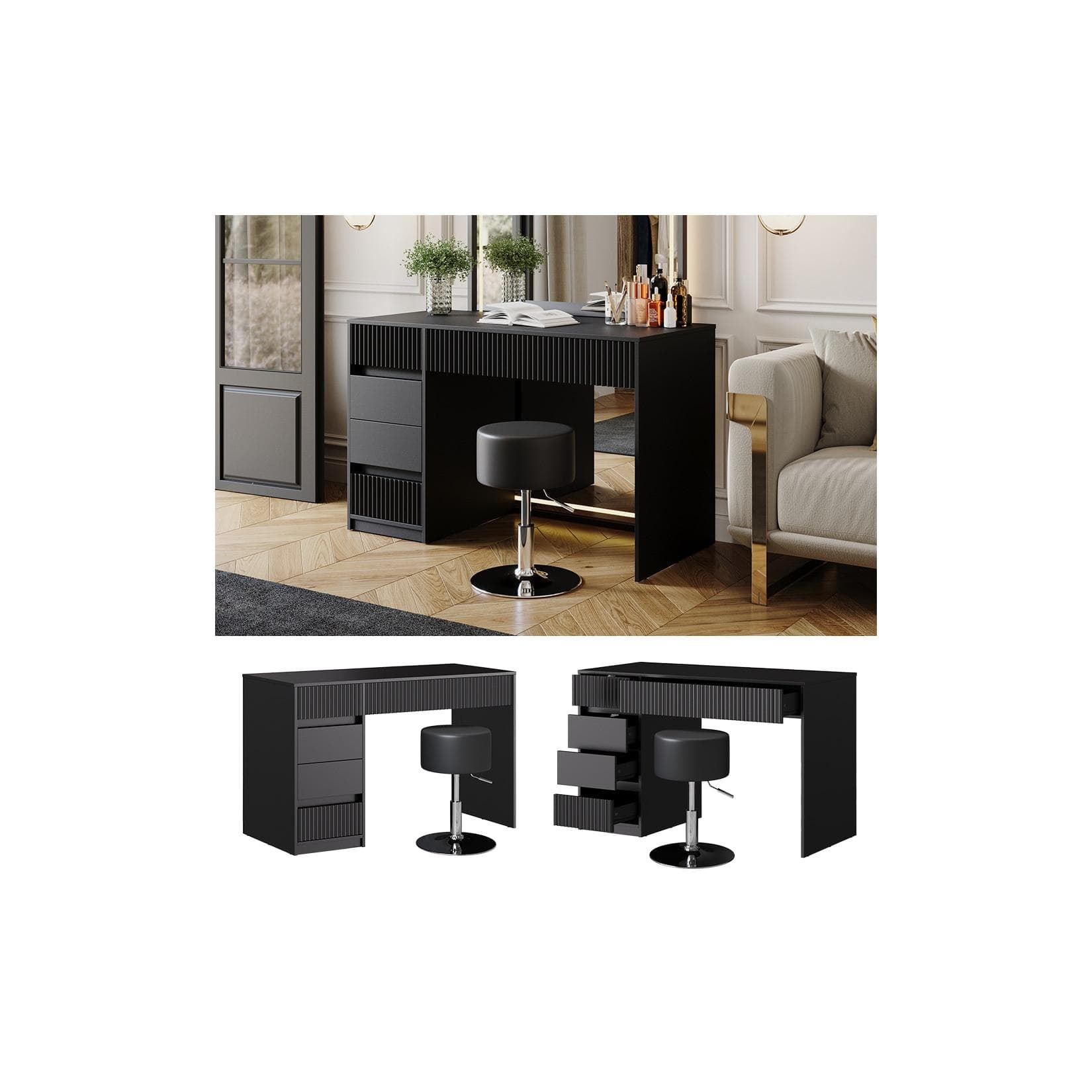 Vicco Schminktisch Omira Schwarz 120 cm mit Hocker