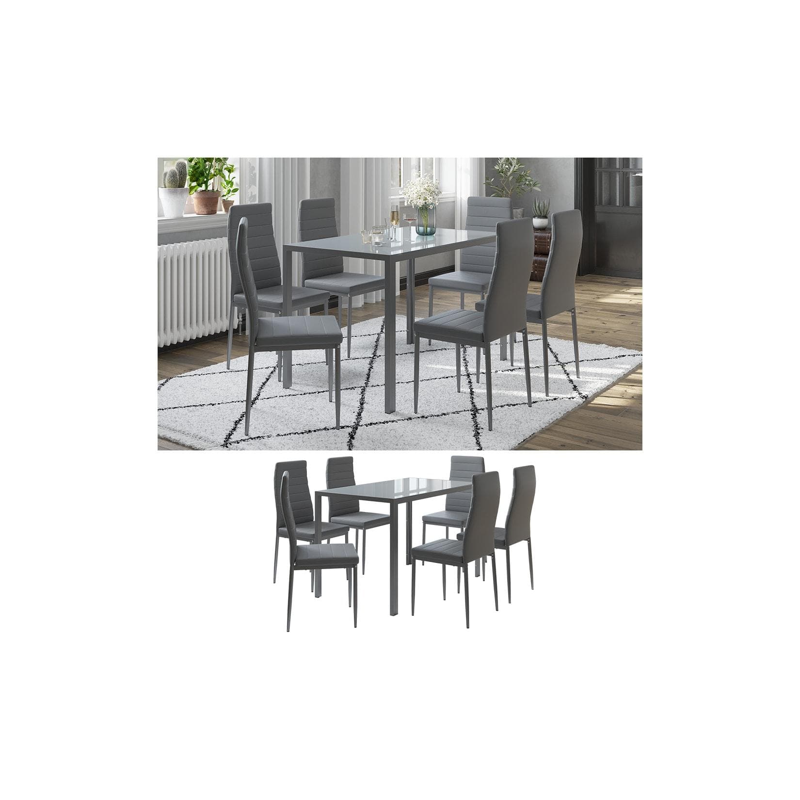 Vicco Grand Metall Essgruppe Grau mit Glasplatte und 6 Stühlen