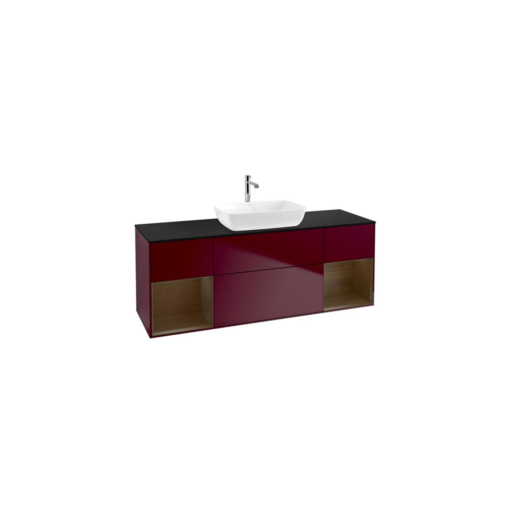 Villeroy und Boch Finion Waschtischunterschrank 160cm, Abdeckplatte Schwarz Matt, Regale Walnussfurnier
