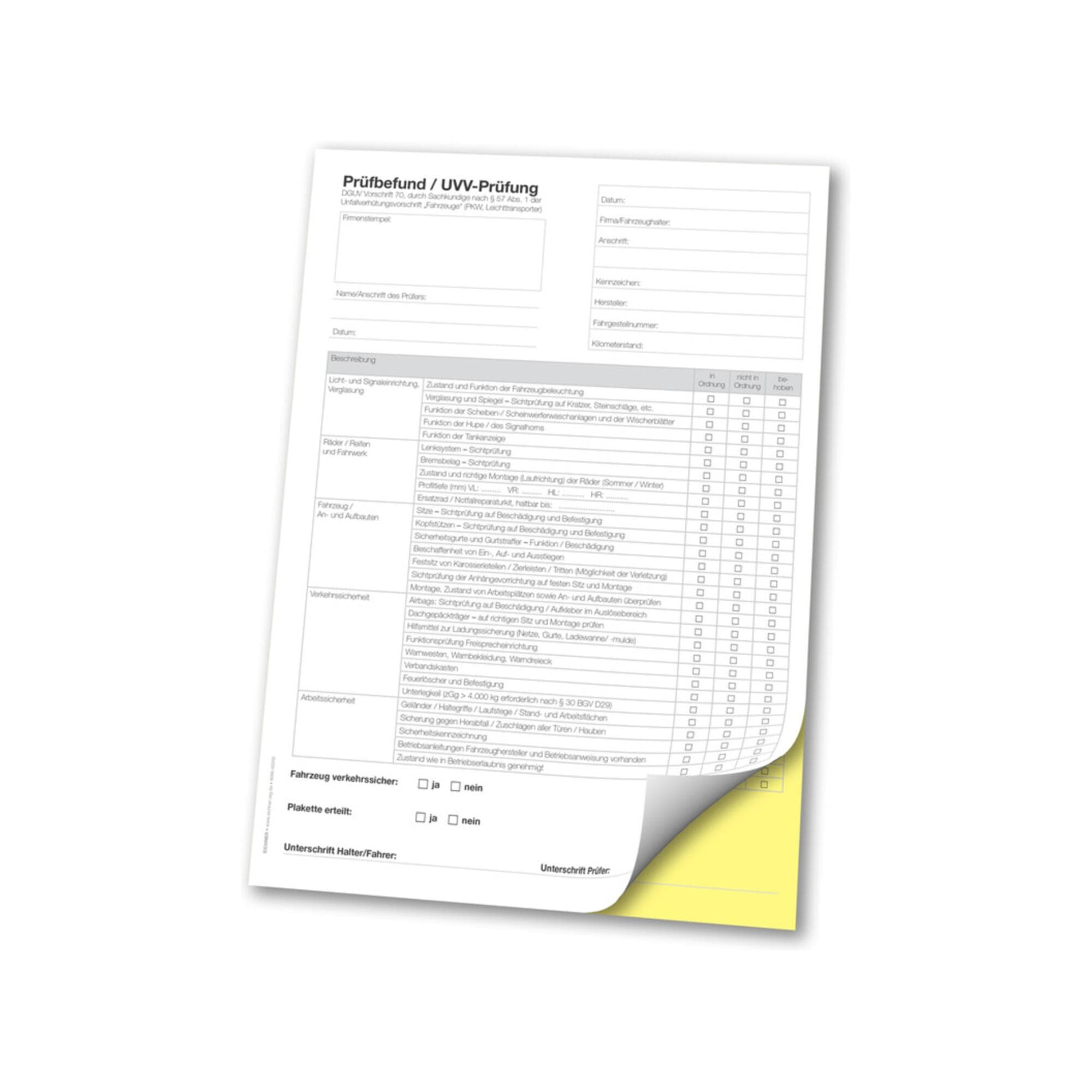 Eichner SD-Formular UVV-Prüfung (9096-00202) DIN A4 Block 50 Sätze Weiß