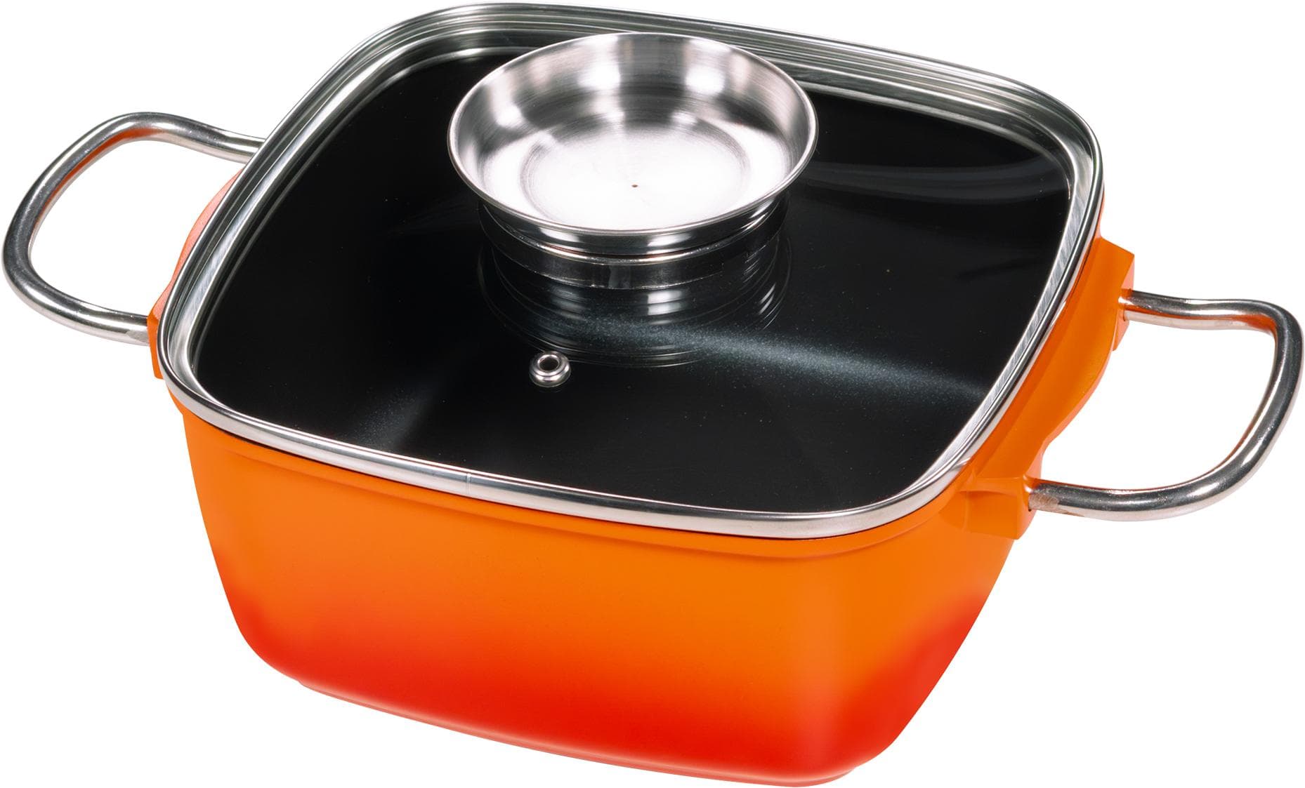 Moderner Bräter aus Aluguss und Keramik in Orange