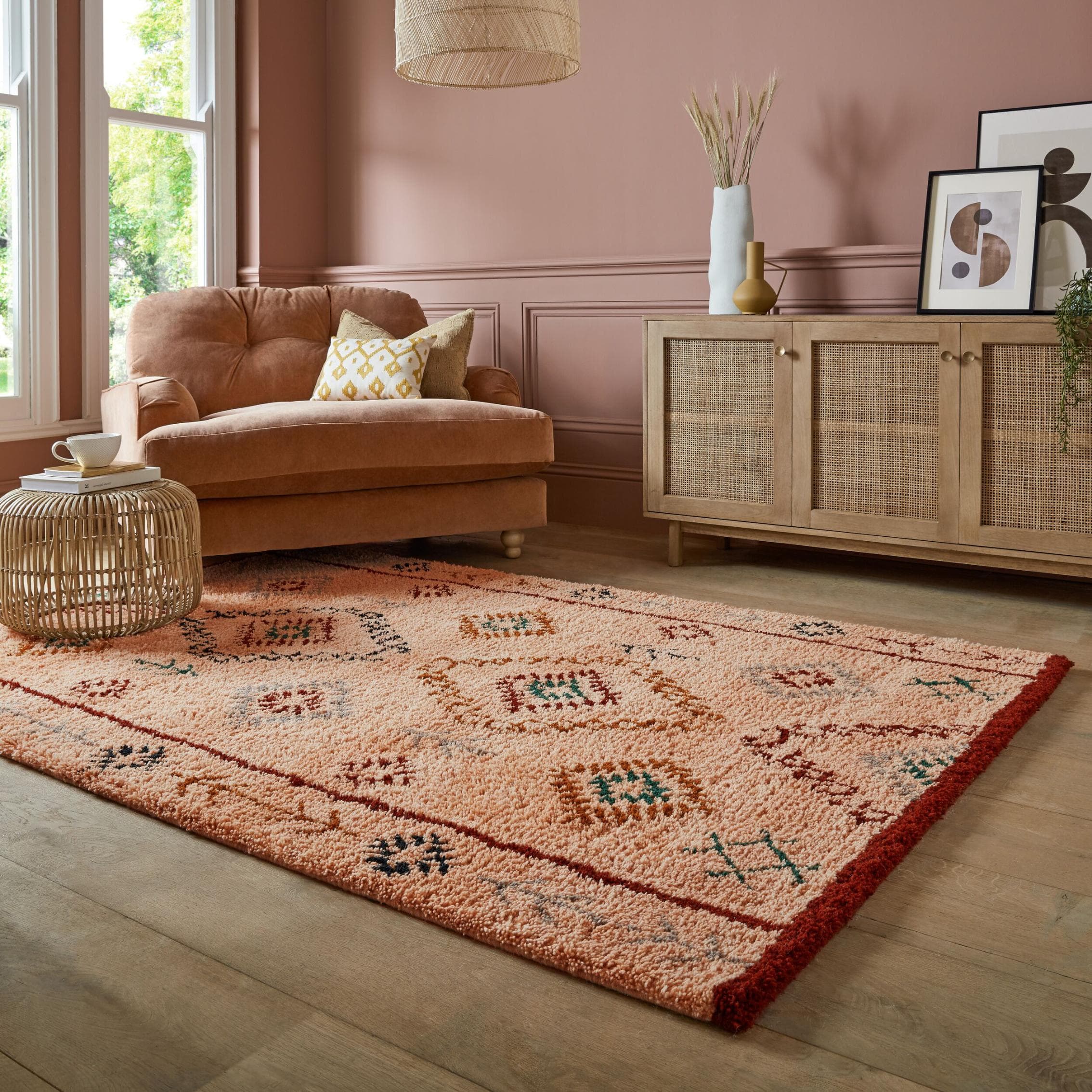 FLAIR RUGS Wollteppich Sahara Shaggy Rosa Handgetuftet