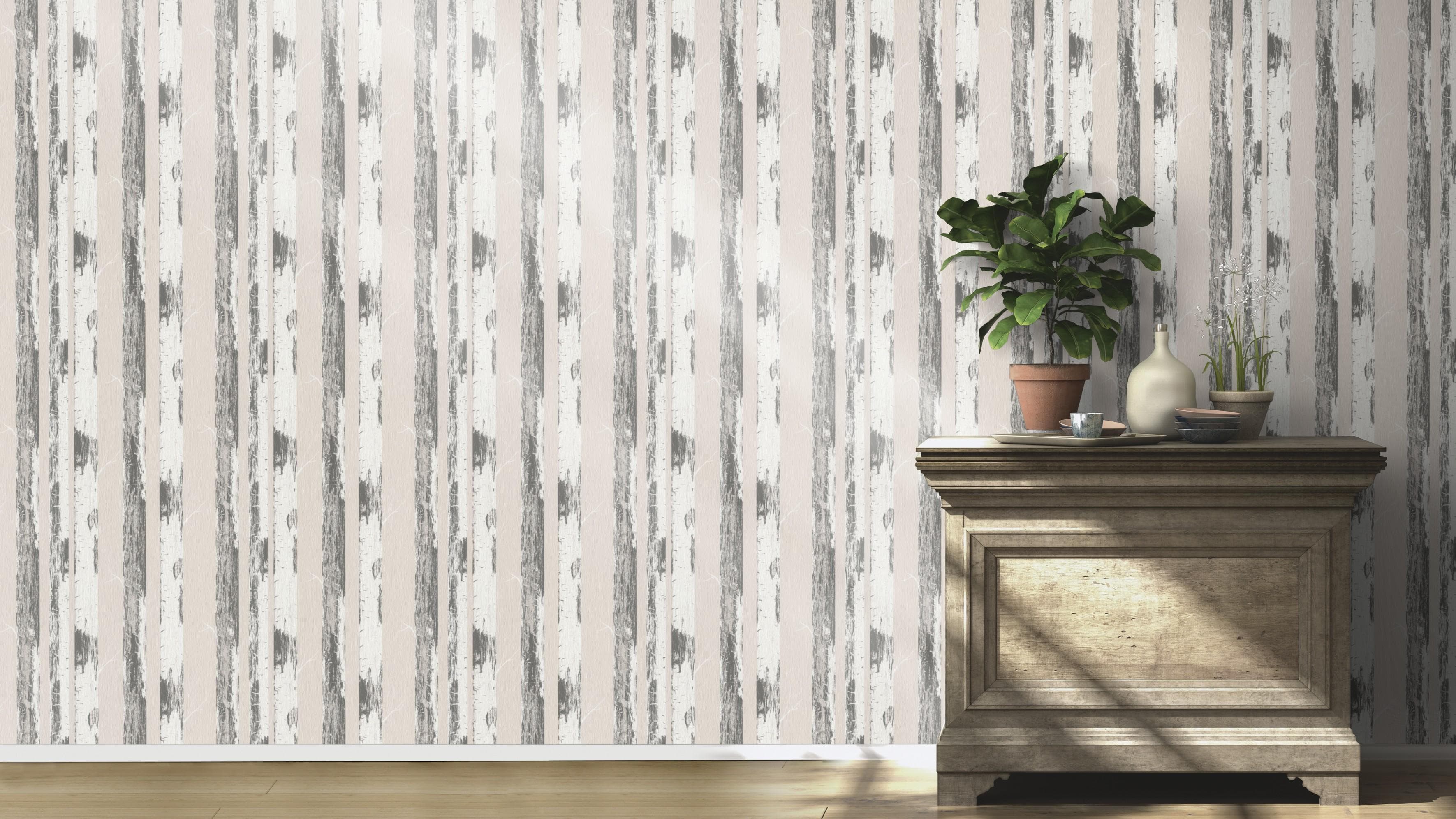 Papiertapete RASCH mit Birkenstämmen Beige Weiß Grau