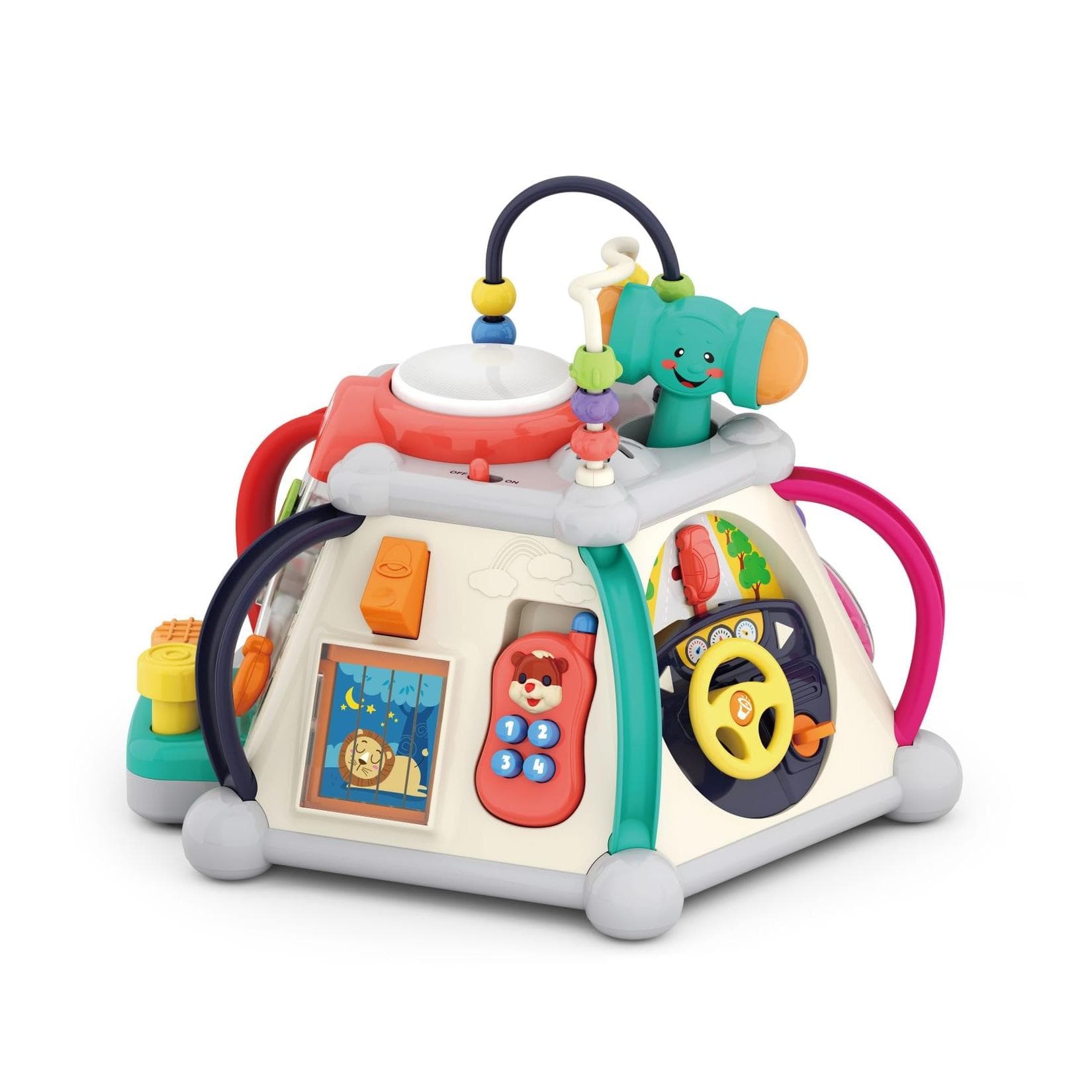 Moni Activity Pyramide 806 mit Musikfunktion, Perlenlabyrinth, Hammer, Lenkrad, Telefon bunt