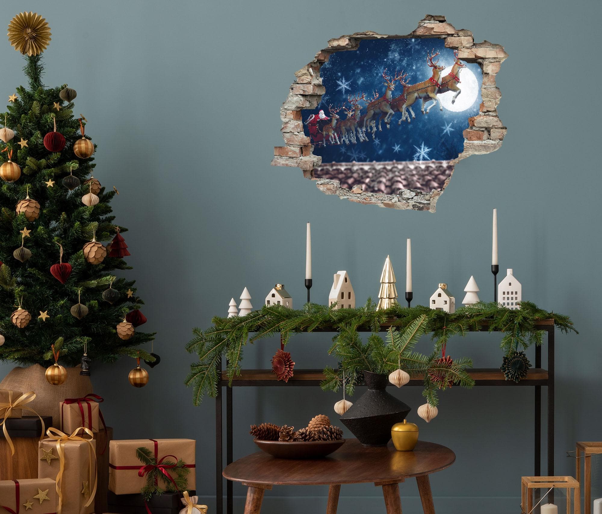 3D-Wandtattoo QUEENCE Rentier am Himmel Blau