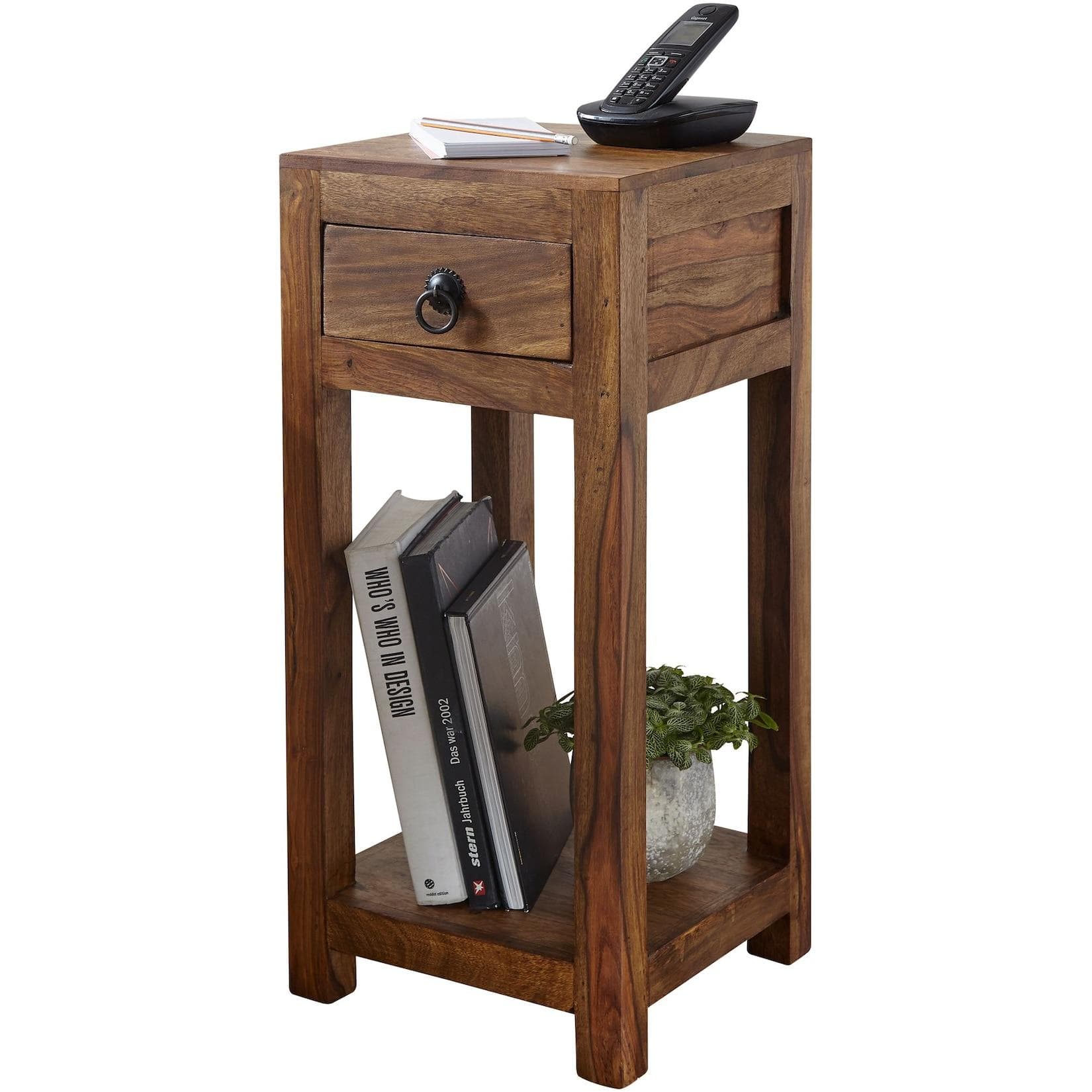 FineBuy Massivholz Beistelltisch Telefontisch 30 x 30 x 68 cm mit Schublade