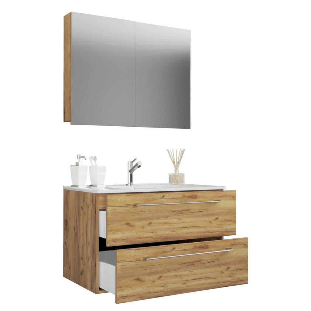 Mid.you Badezimmer VCM Badinos Honigeiche Metall 3-teilig 2,2 Schubladen 80 cm hängend