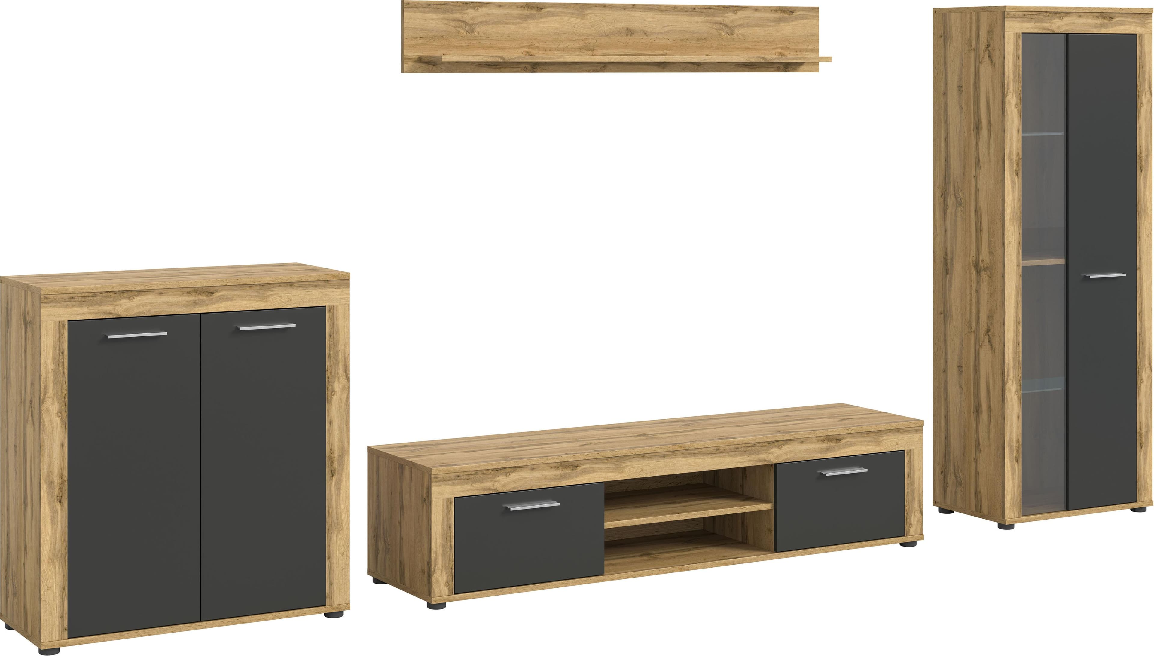 Modernes Wohnzimmersystem mit Highboard, Lowboard, Wandboard und Vitrine