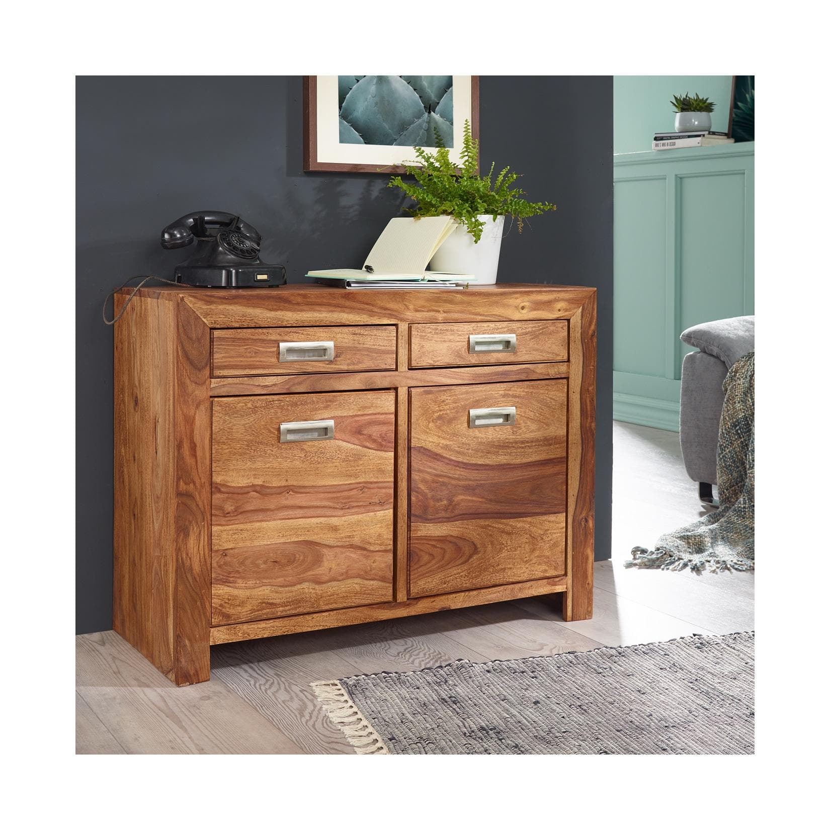 Sheesham Massivholz Sideboard mit 2 Schubladen und 2 Türen