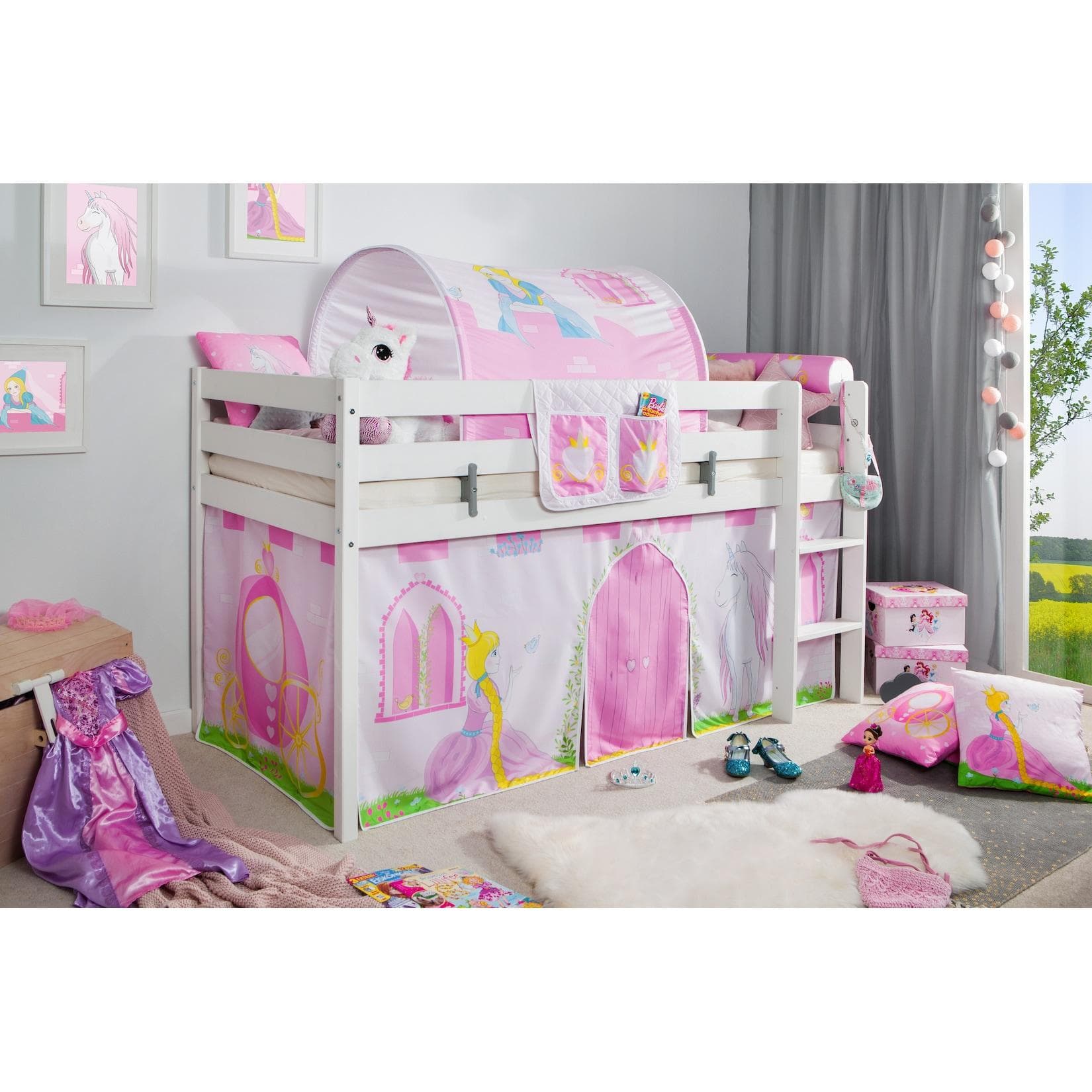 TiCAA Hochbett "Prinzessin Liora" Kiefer Weiß mit Zubehör