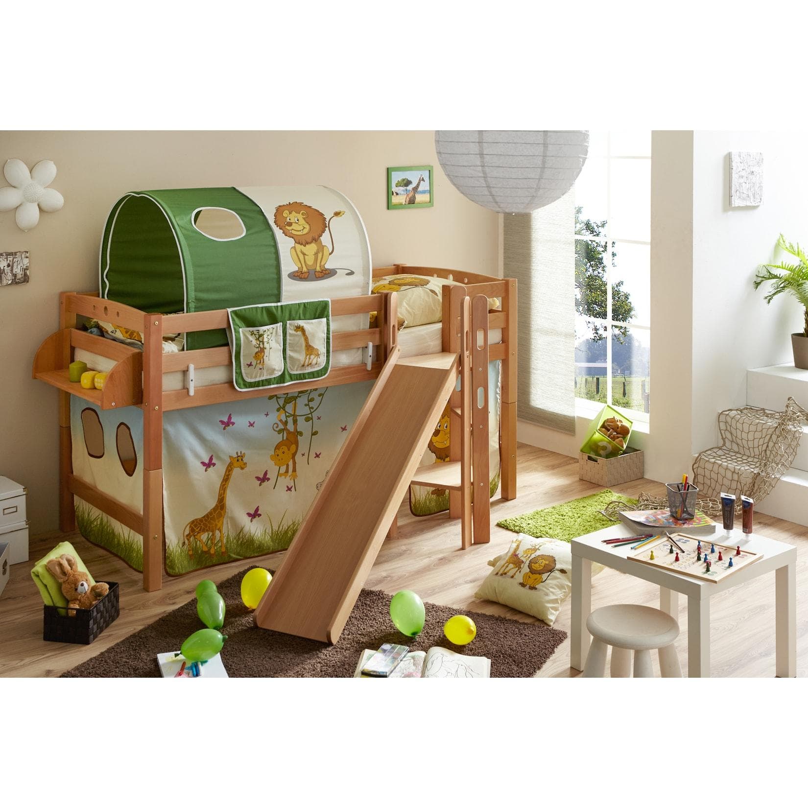TiCAA Hochbett mit Rutsche Podestbett Tino Buche Natur Motiv teilbar