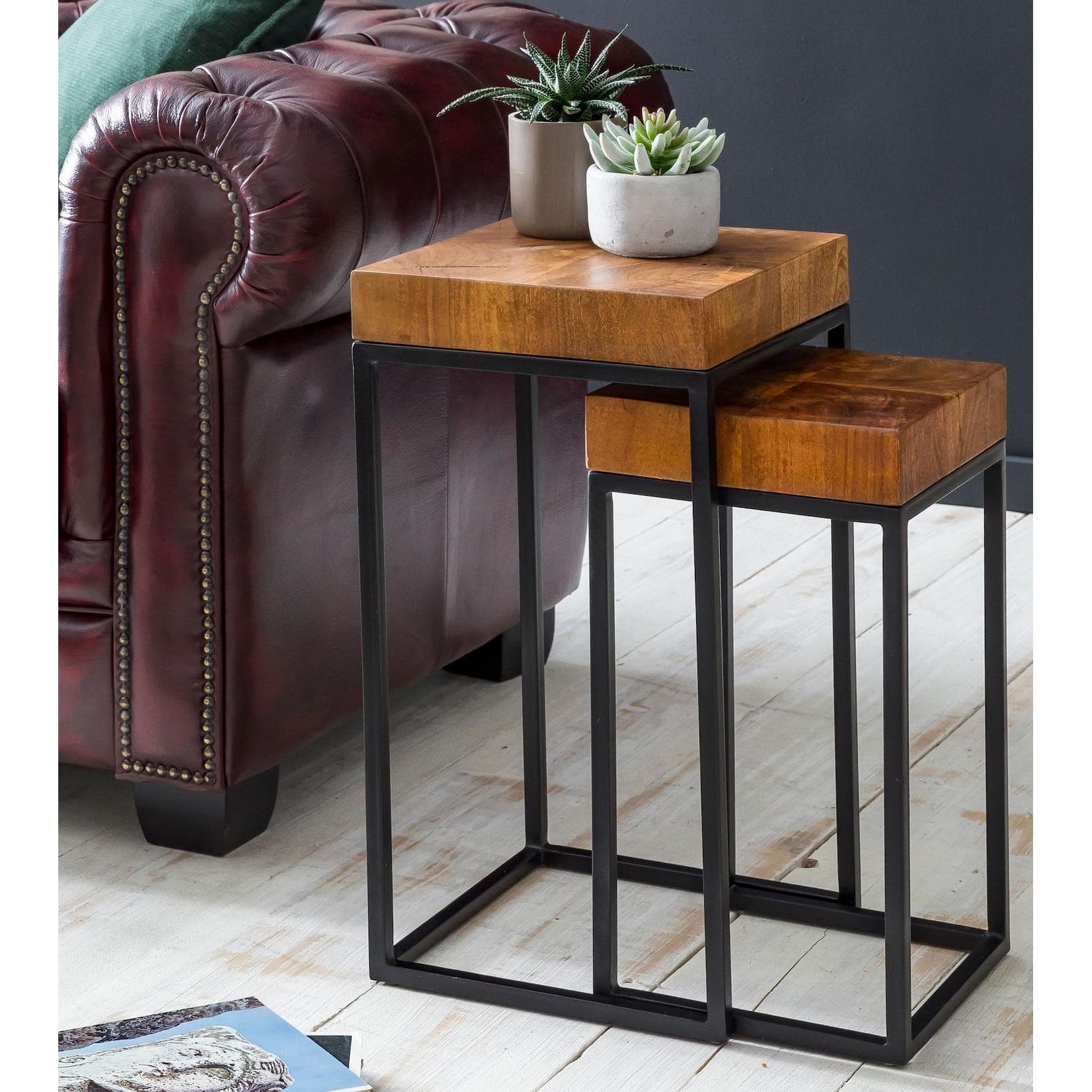 FineBuy 2er Set Beistelltisch FB51457 Sheesham Holz Metall Industrial Design