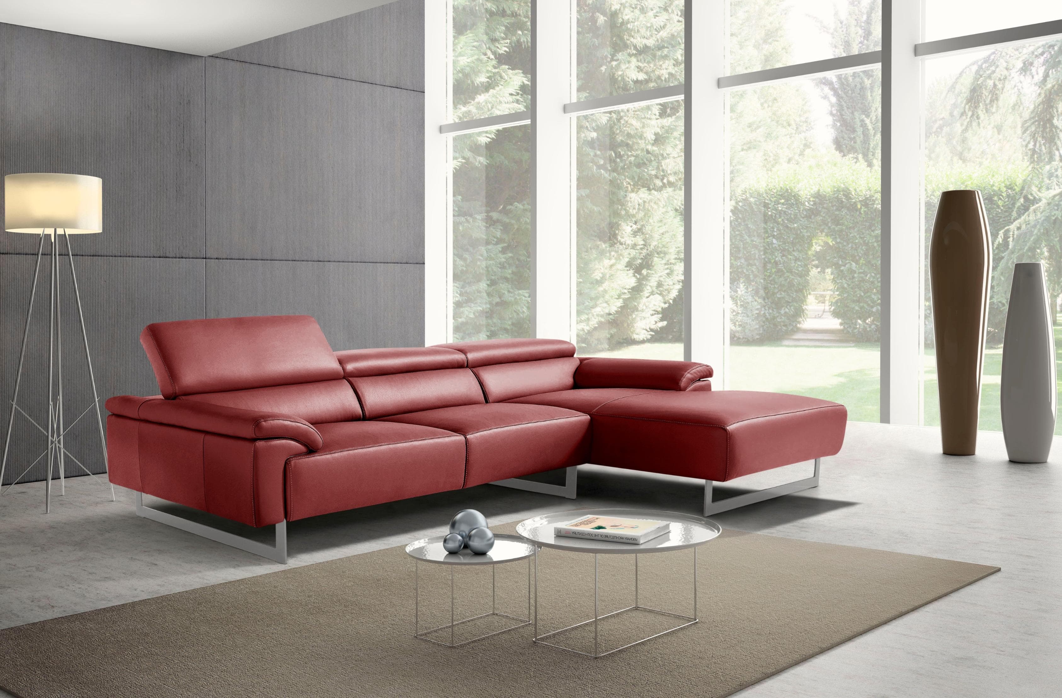 Ecksofa in burgundrotem Leder, Design, edel, bequem, L-Form