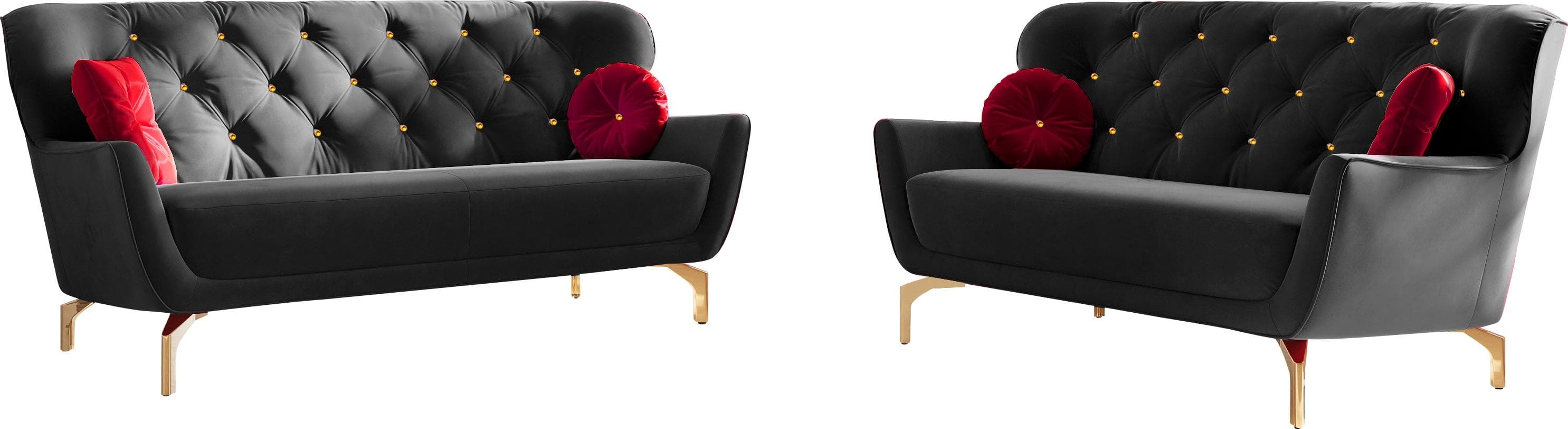 Elegante 2-teilige Polstergarnitur mit Strass-Zierkissen und goldfarbenen Füßen