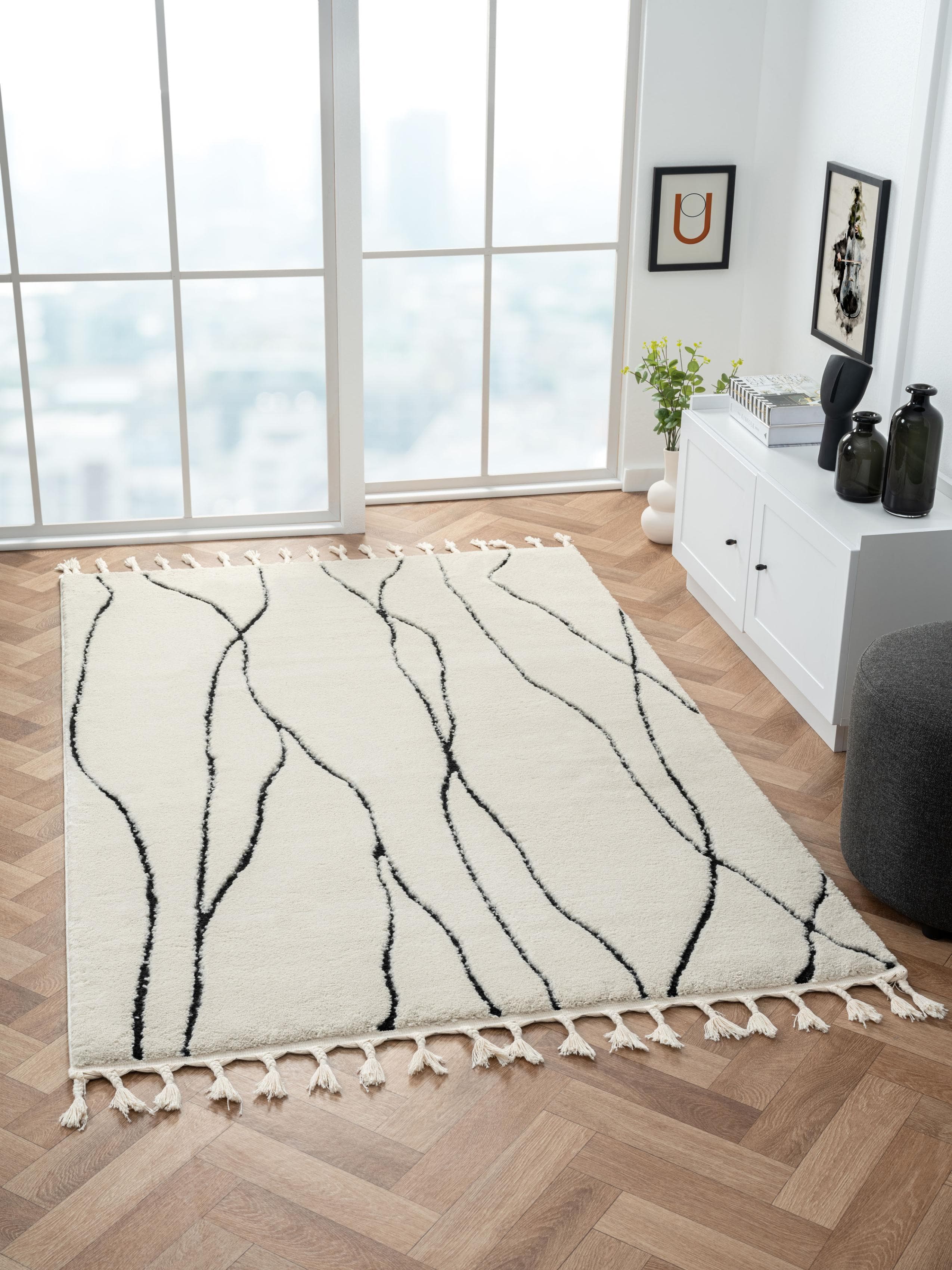 MyFlair Hochflor-Teppich Moroccan Handwrite Schwarz-Weiß Modern