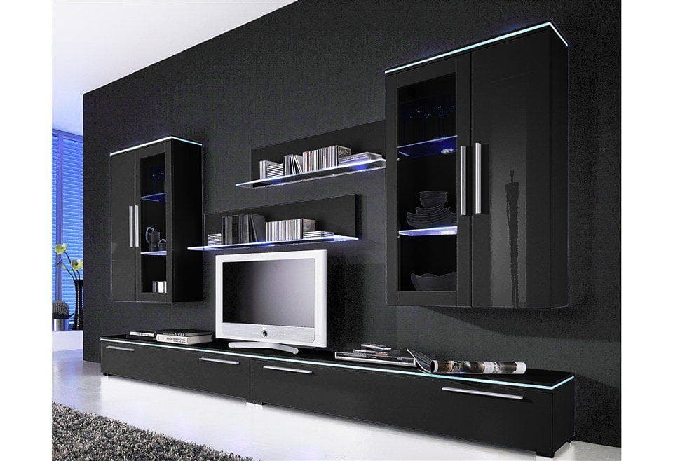 Hölktmeyer Wohnwand Line Set Schwarz Kastenmöbel TV-Lowboard Hängevitrine