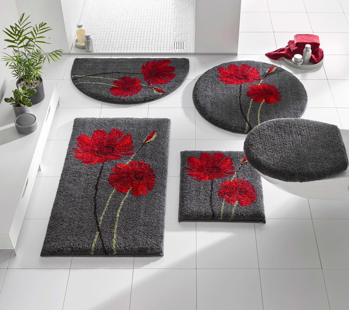 Badgarnitur GRUND - WC-Vorleger & Deckelbezug - Anthrazit-Rot