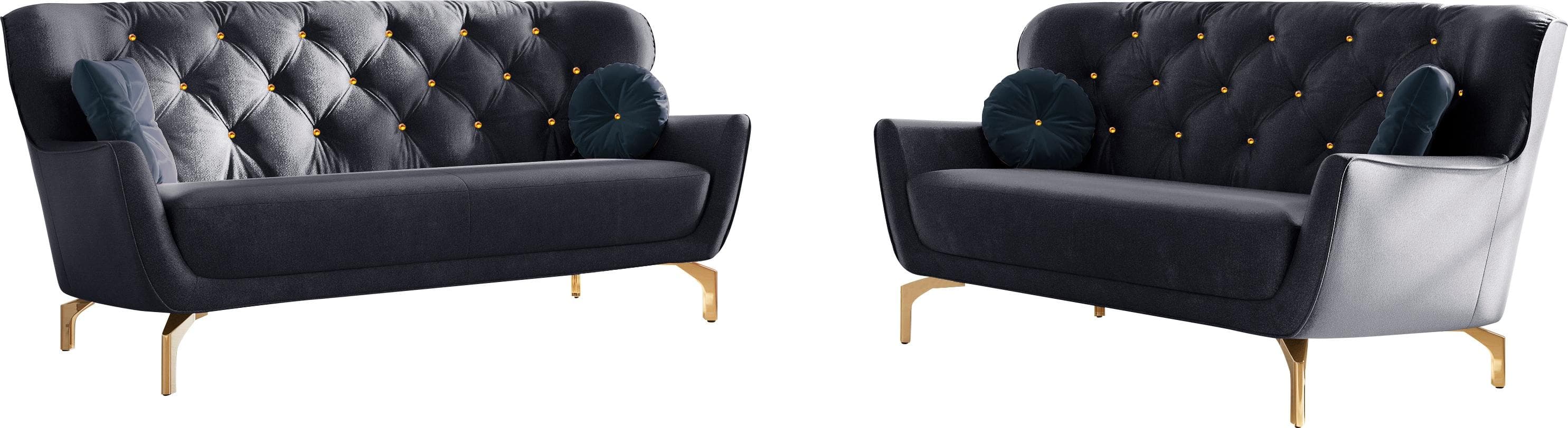 Elegante 2-teilige Polstergarnitur mit Strass-Zierkissen und goldfarbenen Füßen