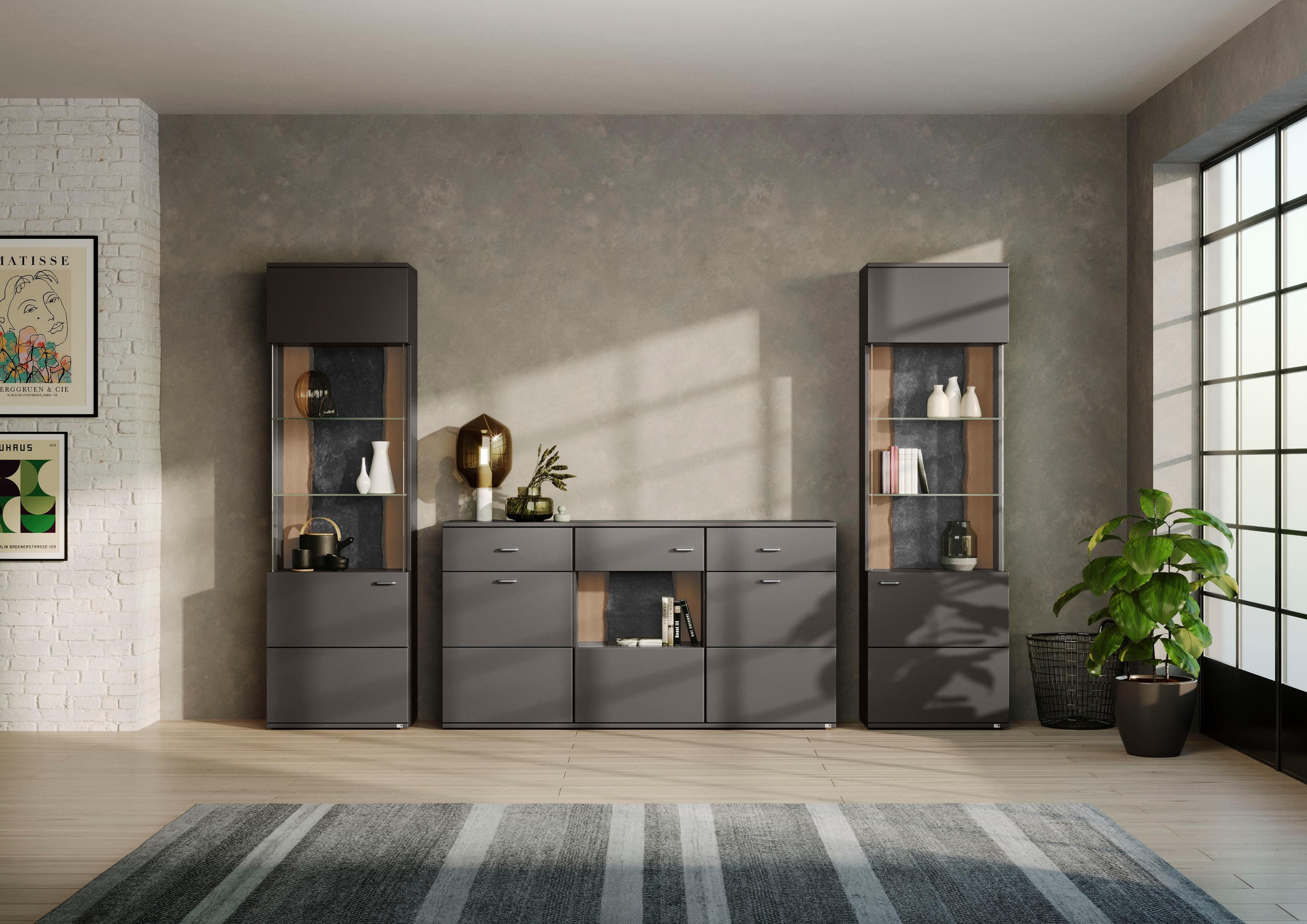 Wohnwand TACOMA Grau Set One by Musterring mit 2 Vitrinen