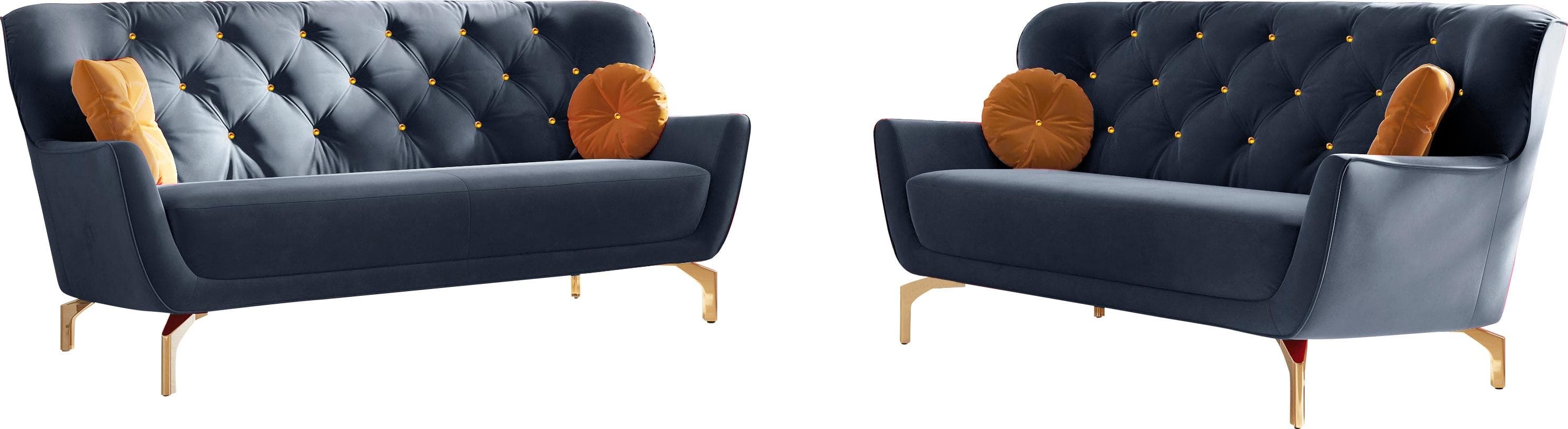 Elegante 2-teilige Polstergarnitur mit Strass-Zierkissen und goldfarbenen Füßen