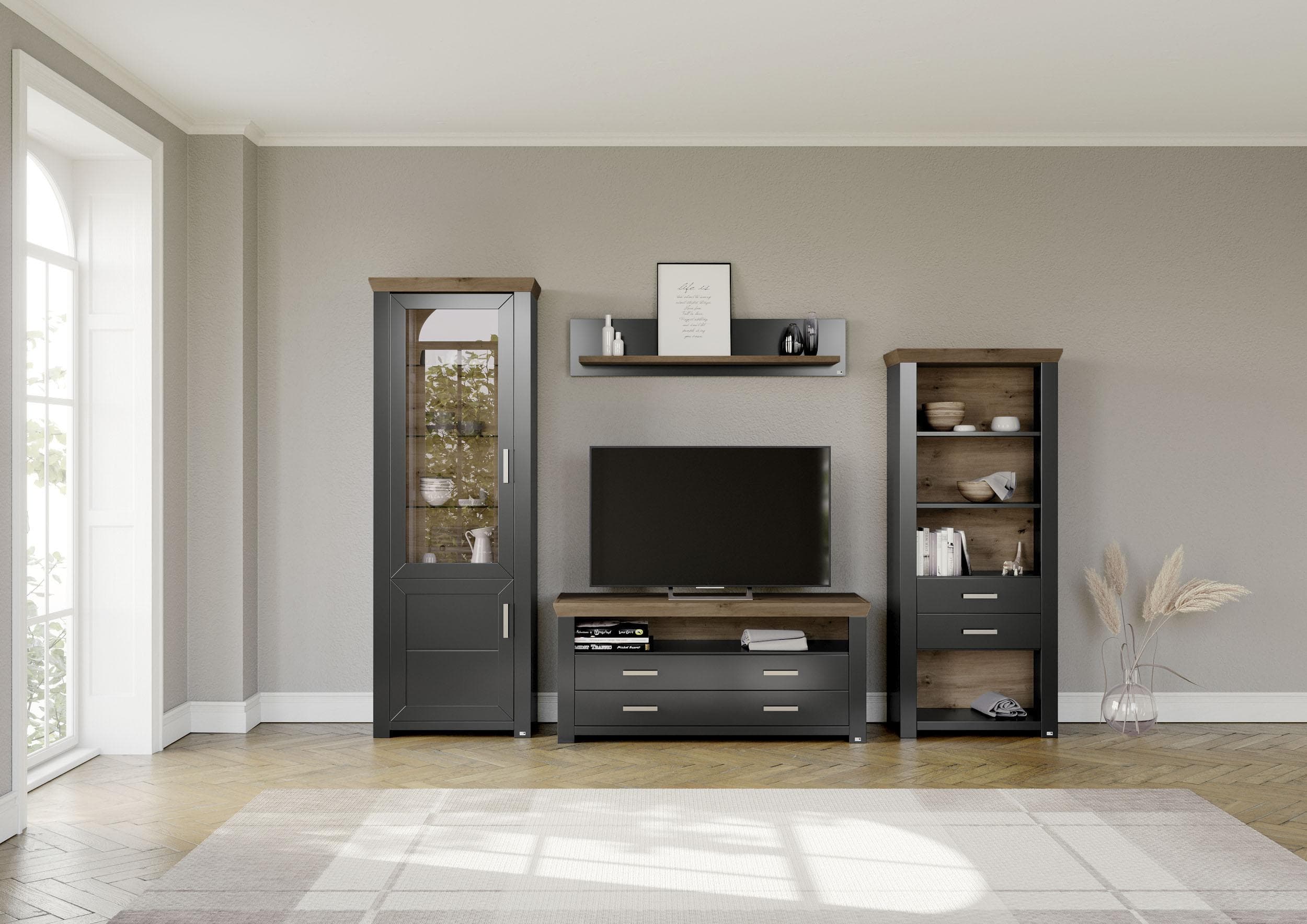 Wohnwand York Set Grau Anthrazit Eiche Holzwerkstoff