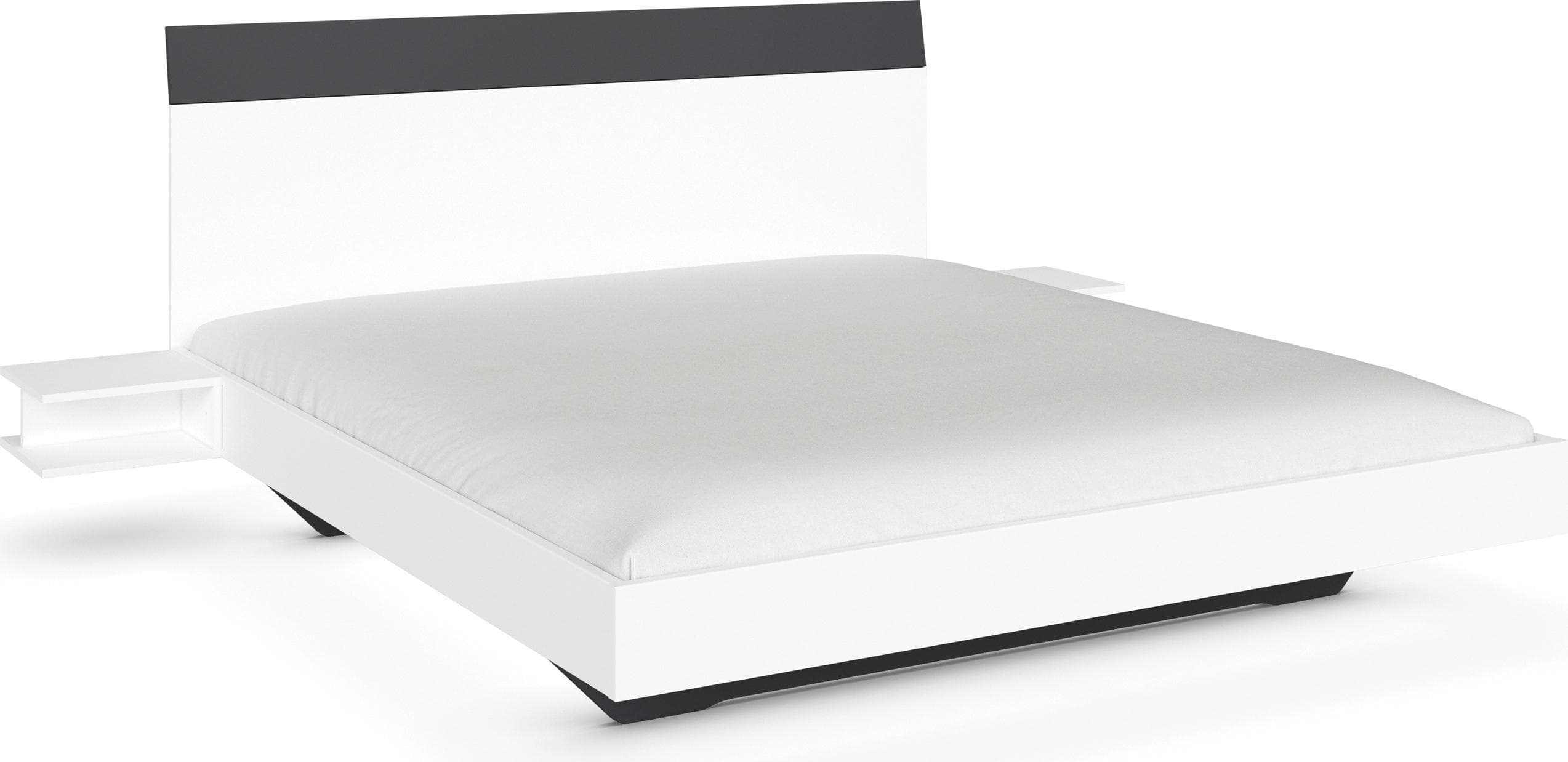 Schwebendes Bett mit hohem Kopfteil und Nachtkonsolen