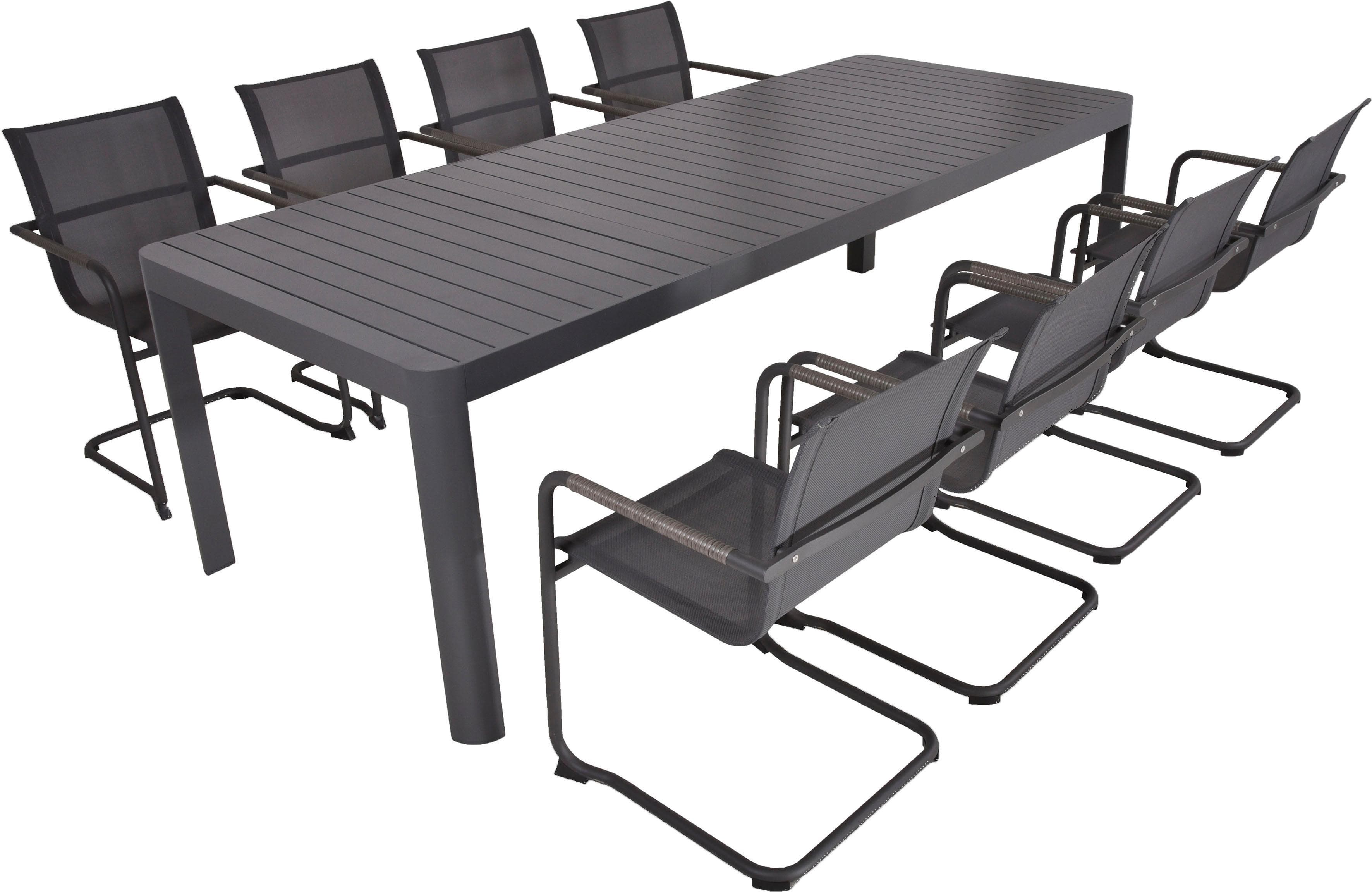 9-teilige Metall-Essgruppe mit Ausziehtisch und Freischwingern