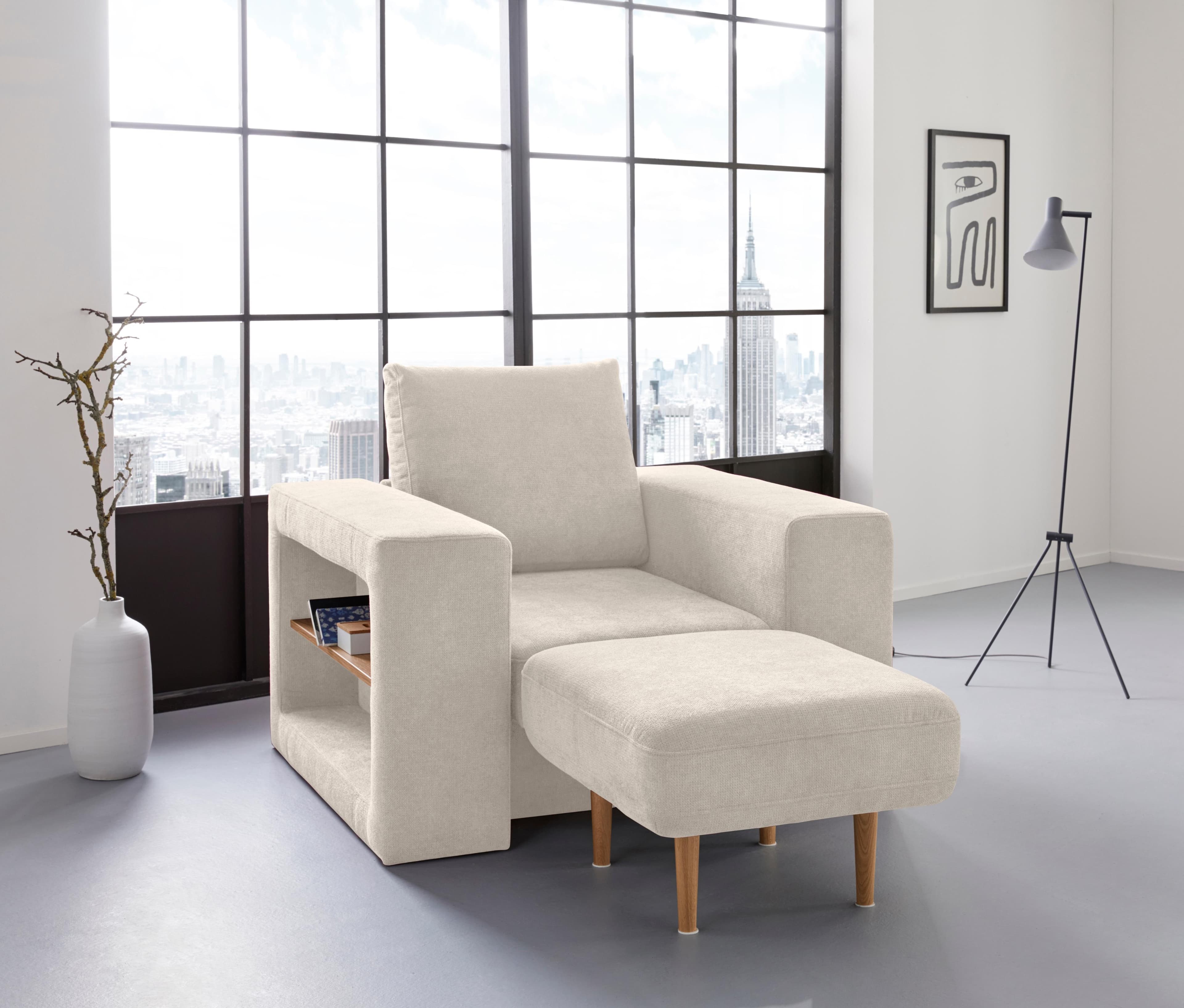 Verwandlungssessel mit Hocker und Regalfunktion