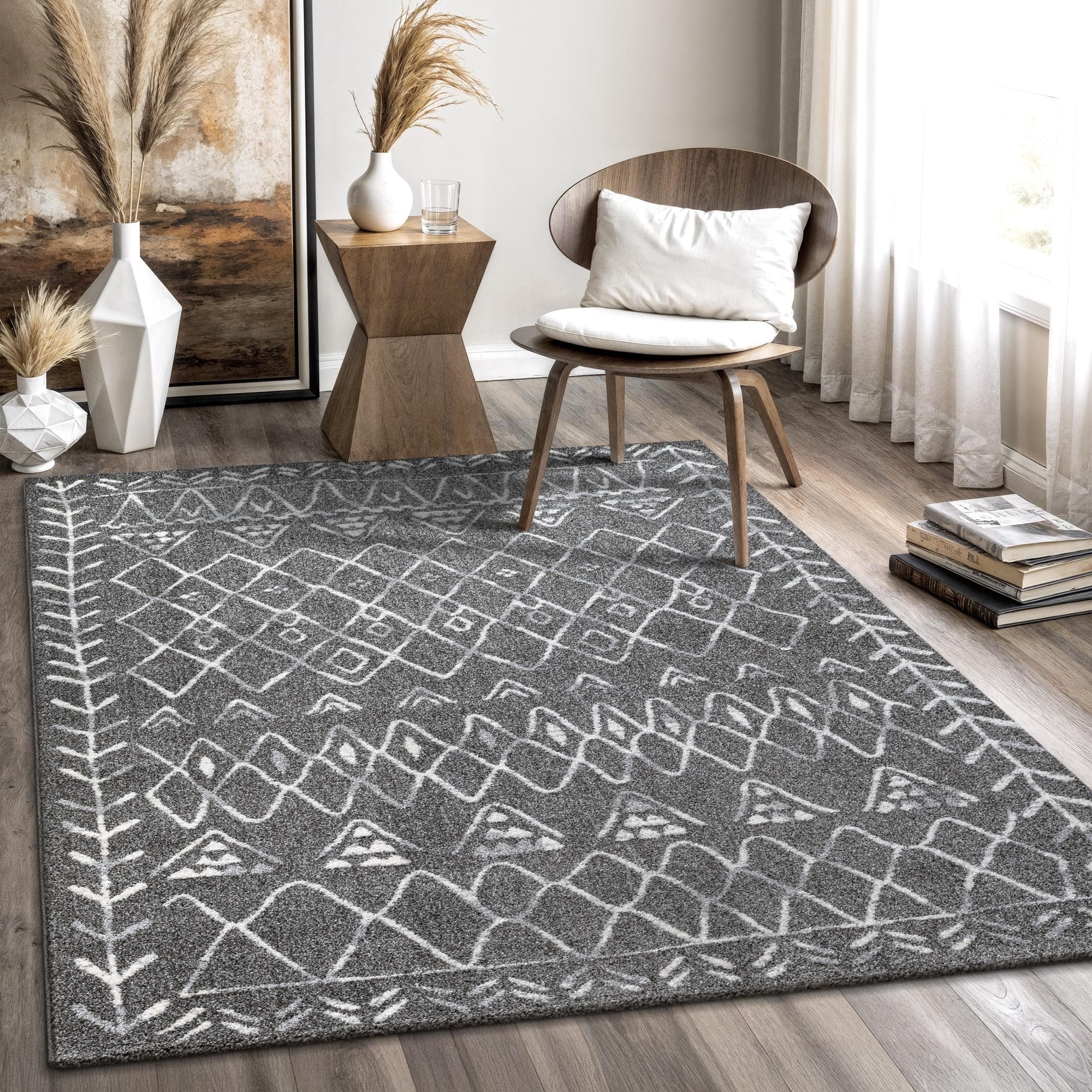 Sanat Teppich Boho 8200 Rechteckig Kurzflor Robust Dunkelgrau