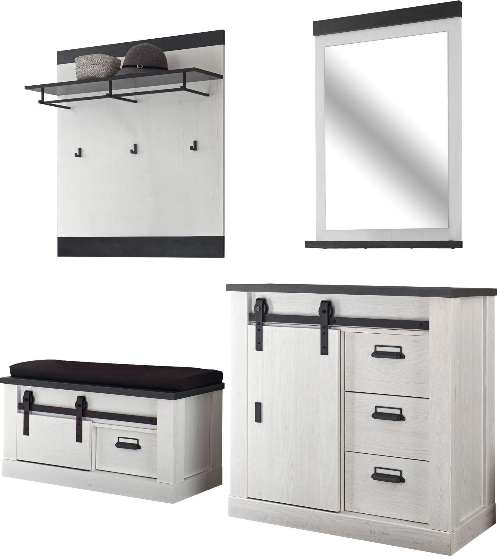 Rustikales Garderobenset mit Scheunentortür & Metallgriffen