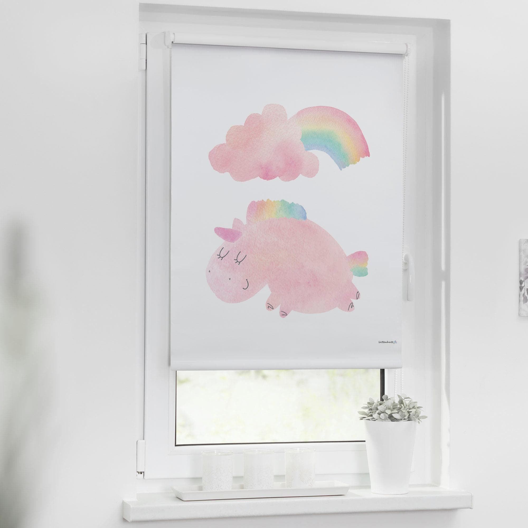 Lüttenhütt Seitenzugrollo Einhorn Rosa Weiß Kinderrollo
