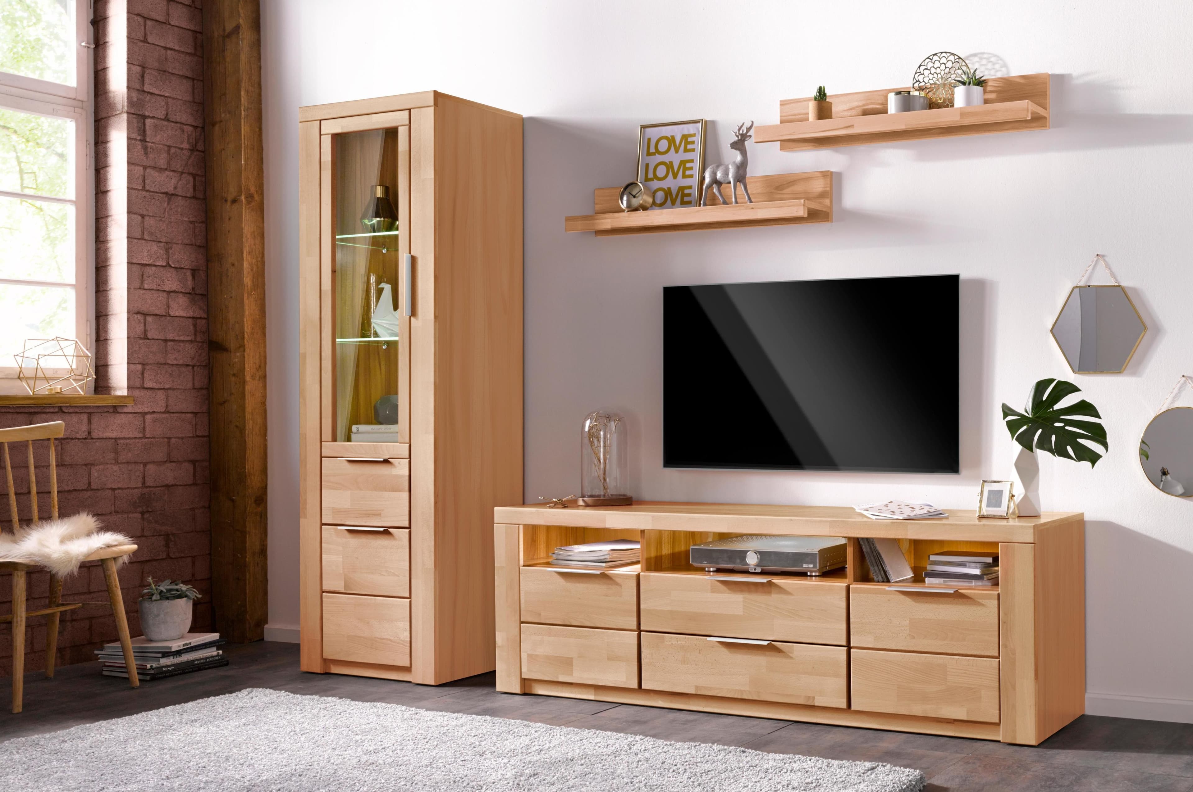 OTTO HOME Wohnwand ZARA Kernbuche teilmassiv mit Vitrine Lowboard Regalen