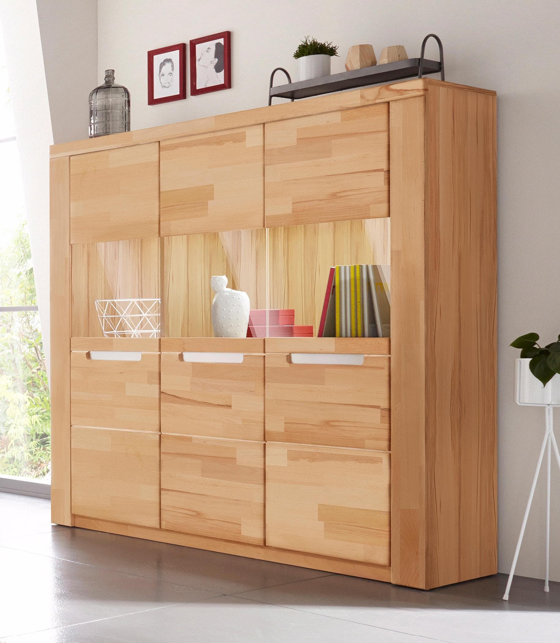 OTTO HOME Highboard Kolding Beige 3 Glastüren Massivholz Front