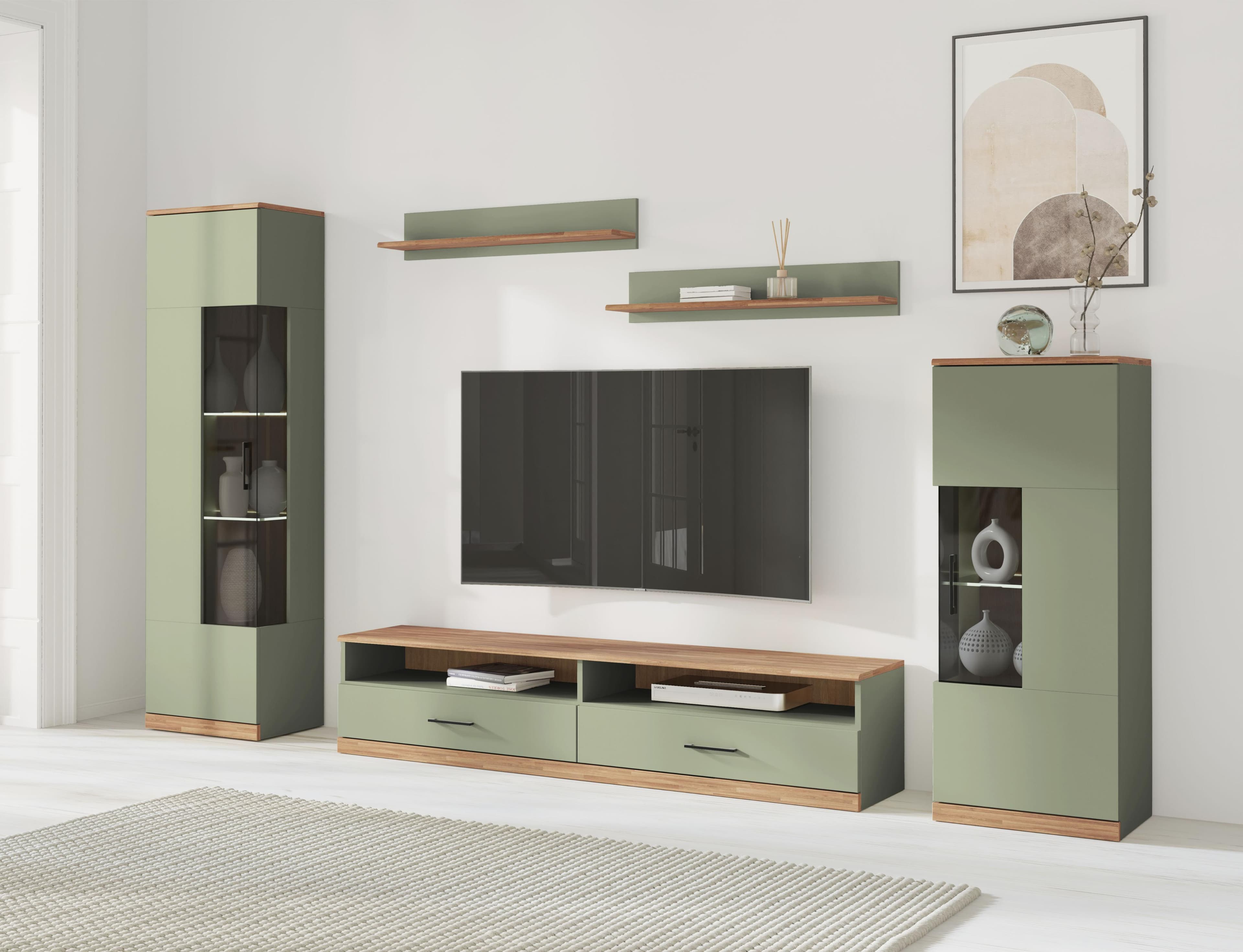 HOME AFFAIRE Wohnwand Ribe Set-5 St. Eiche Massiv Salbei
